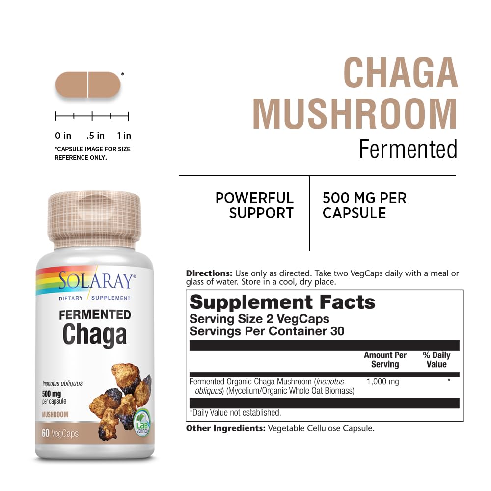 SOLARAY Chaga Fermenté — gélules faciles à prendre, soutien potentiel face au stress occasionnel.