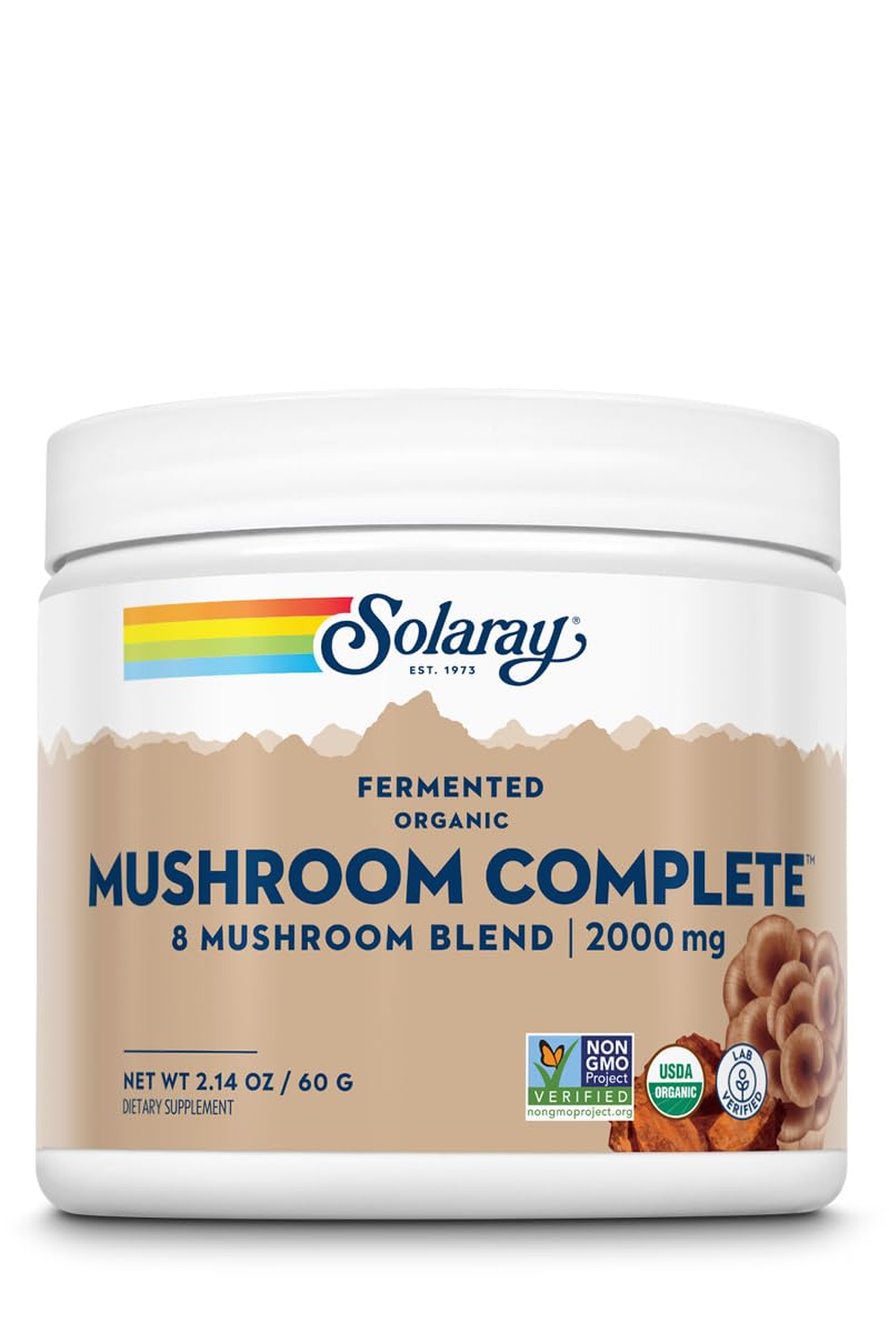 SOLARAY champignons fermentés complets, poudre – bouteille prête à l'emploi et nutriments potentiels.
