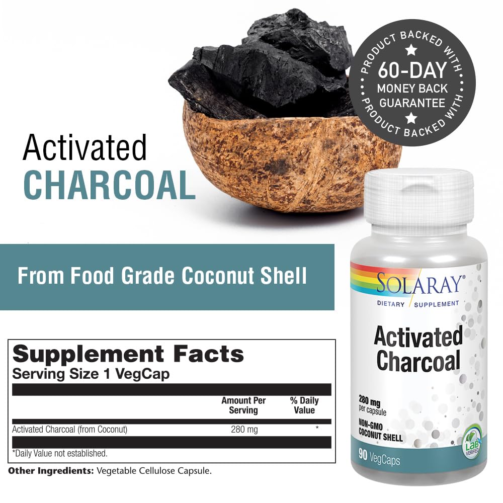 SOLARAY Charbon actif capsules – 280 mg par portion, pratique au quotidien.