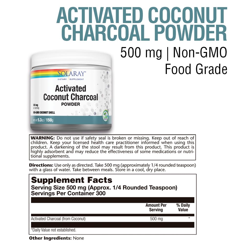 SOLARAY charbon activé coco poudre, cuillère-doseuse incluse pour dosages faciles