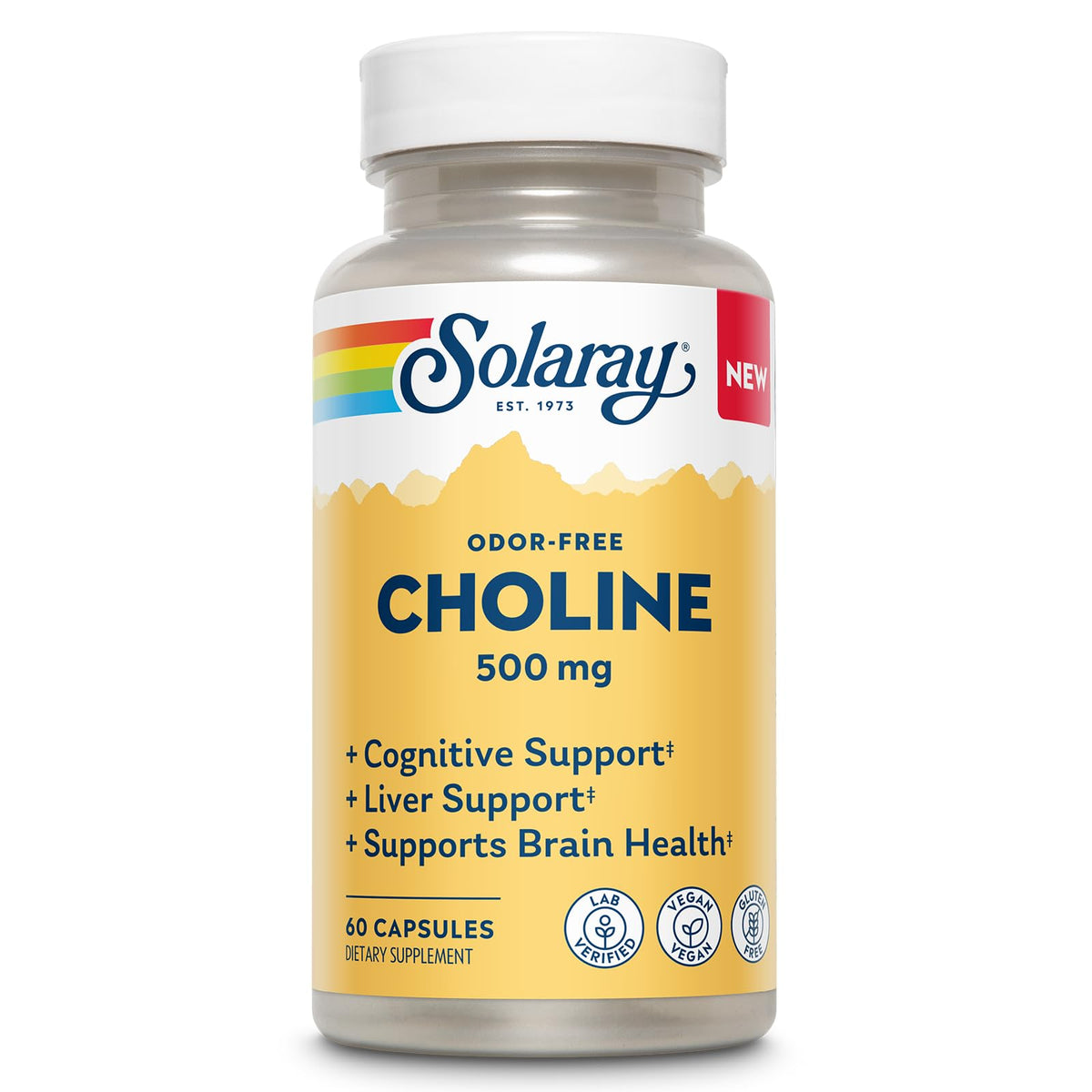 SOLARAY Choline 500 mg: bouteille versement, pratique pour une routine cognitive quotidienne.