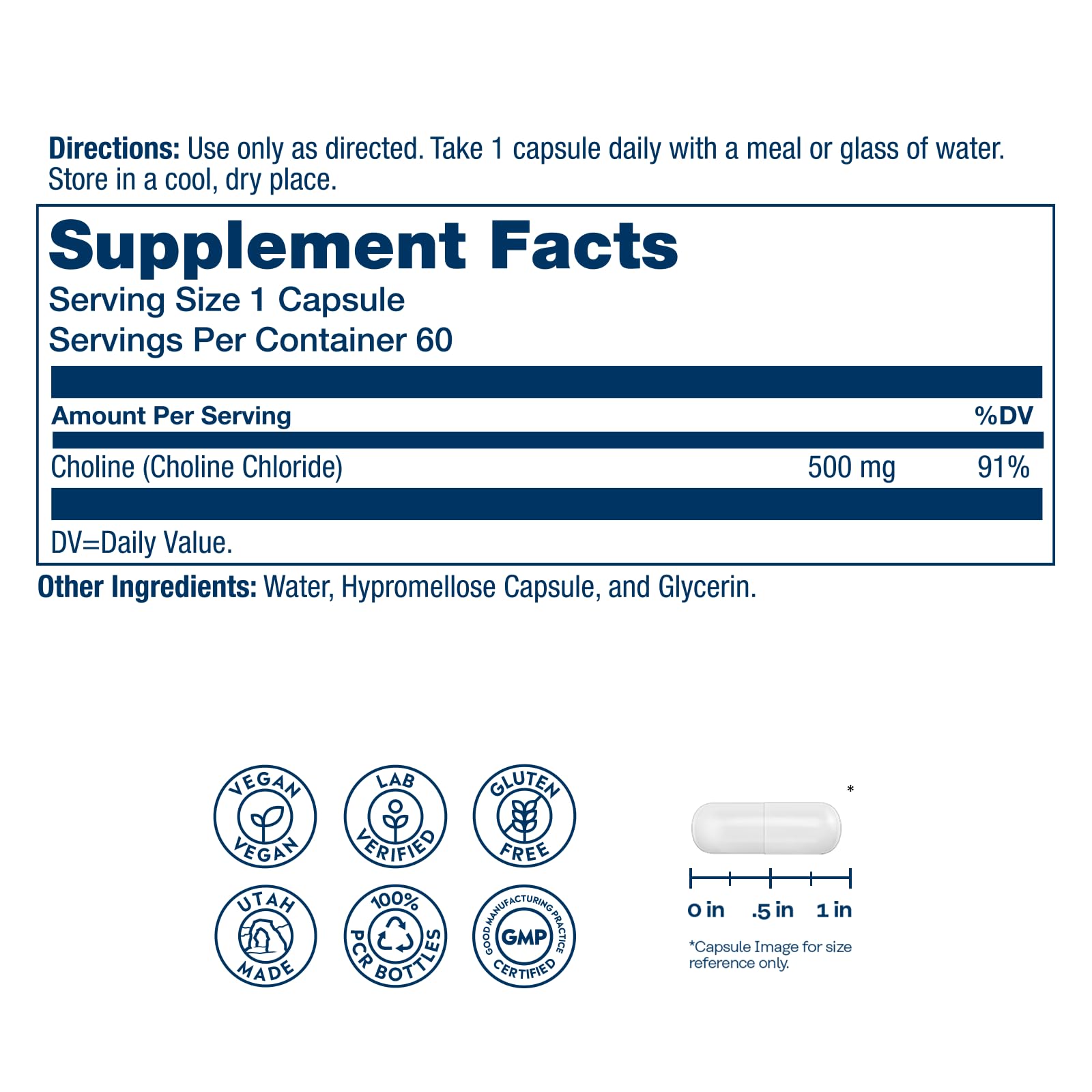 SOLARAY Choline 500 mg: capsules véganes faciles à avaler, pour le cerveau et le foie.