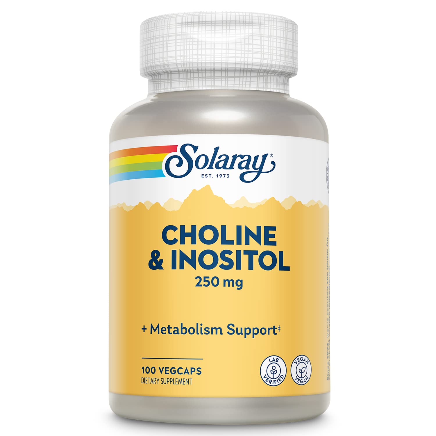 SOLARAY Choline & Inositol - bouteille visible, soutien potentiel au métabolisme des graisses.