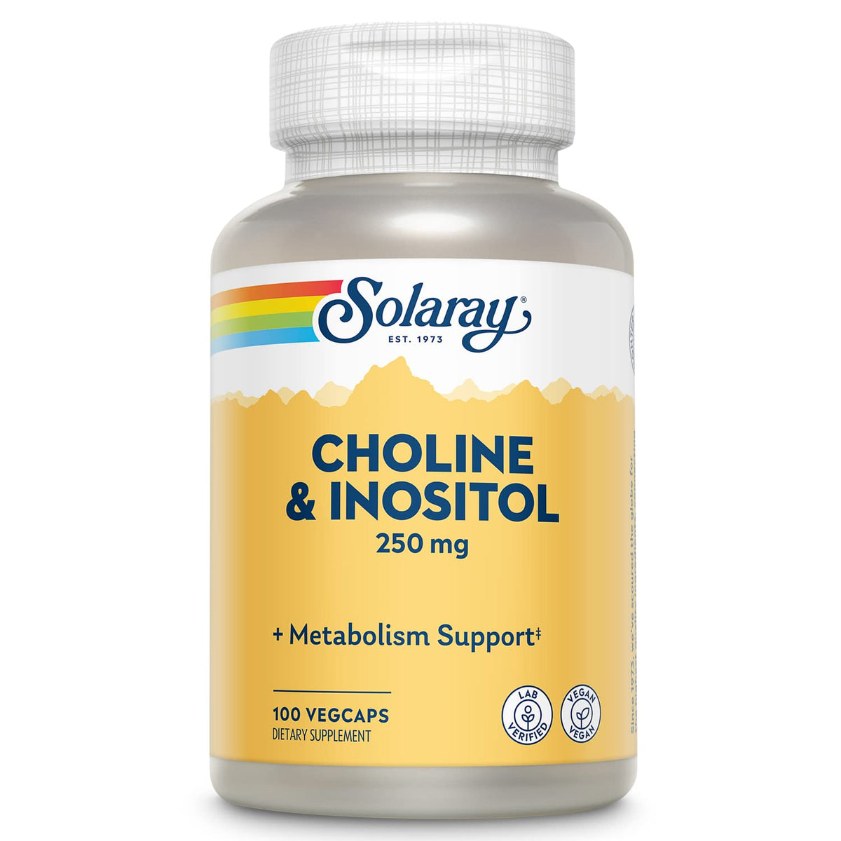SOLARAY Choline & Inositol - bouteille visible, soutien potentiel au métabolisme des graisses.