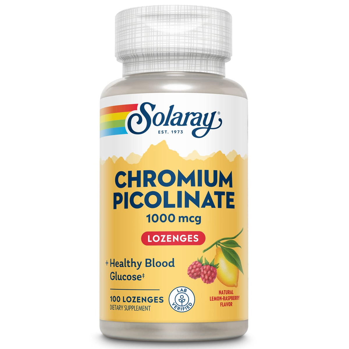Pastilles SOLARAY chromium picolinate dans une bouteille, sans sucre et arômes fruités.