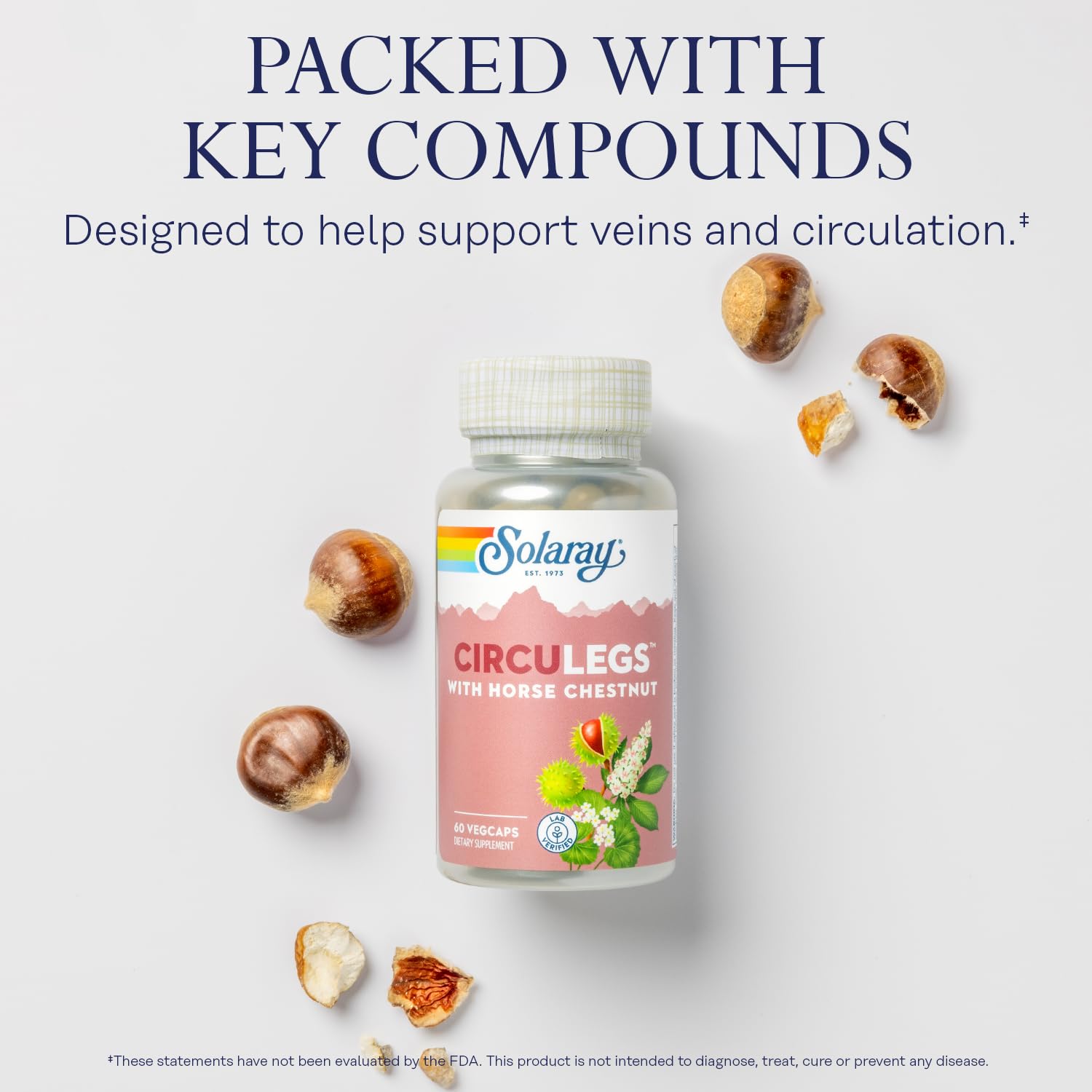 SOLARAY Circulegs gros plan sur le flacon et les ingredients, sugerant une routine quotidienne plus naturelle.
