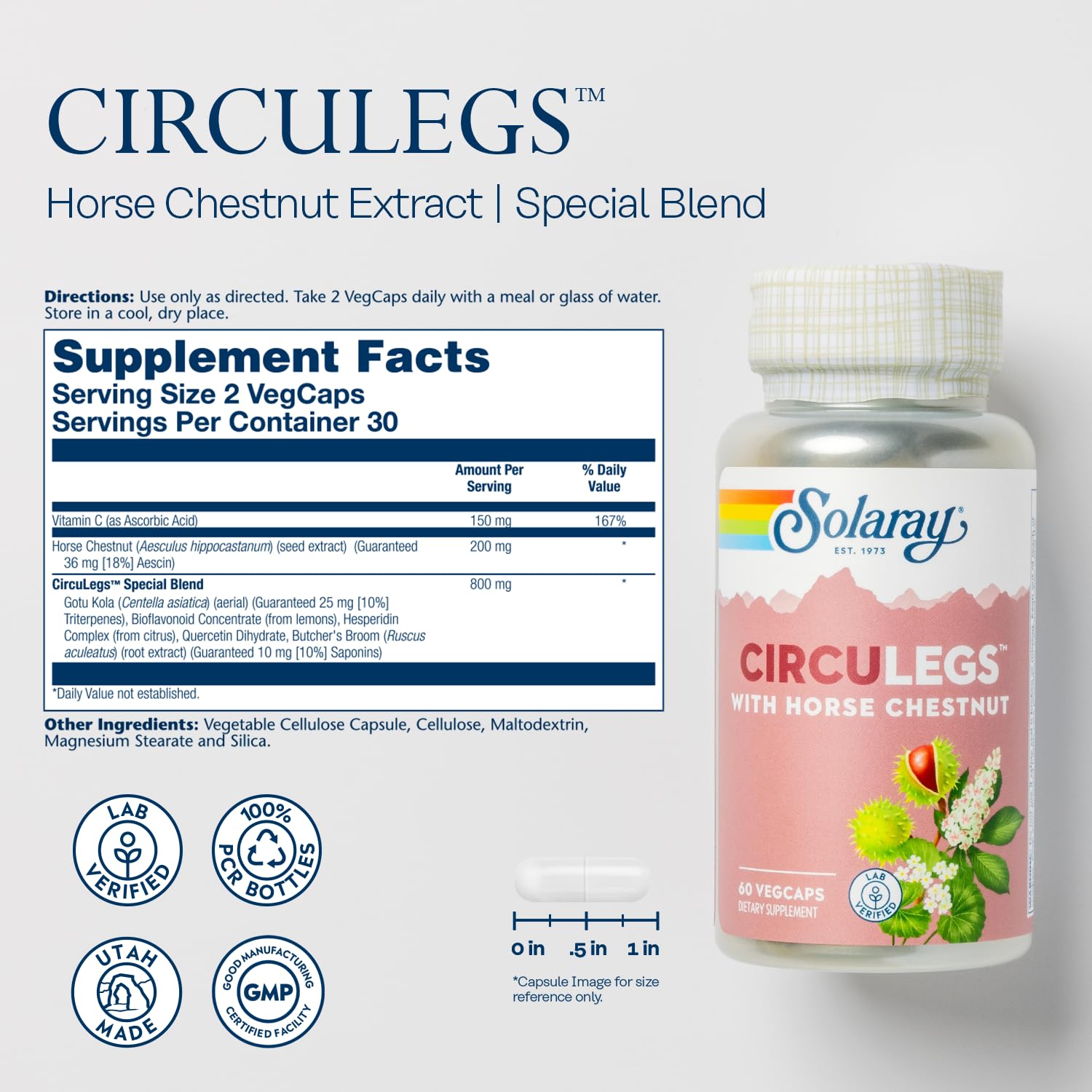 SOLARAY Circulegs extrait marronnier dInde, utile pour un soutien potentiel du bienetre quotidien.