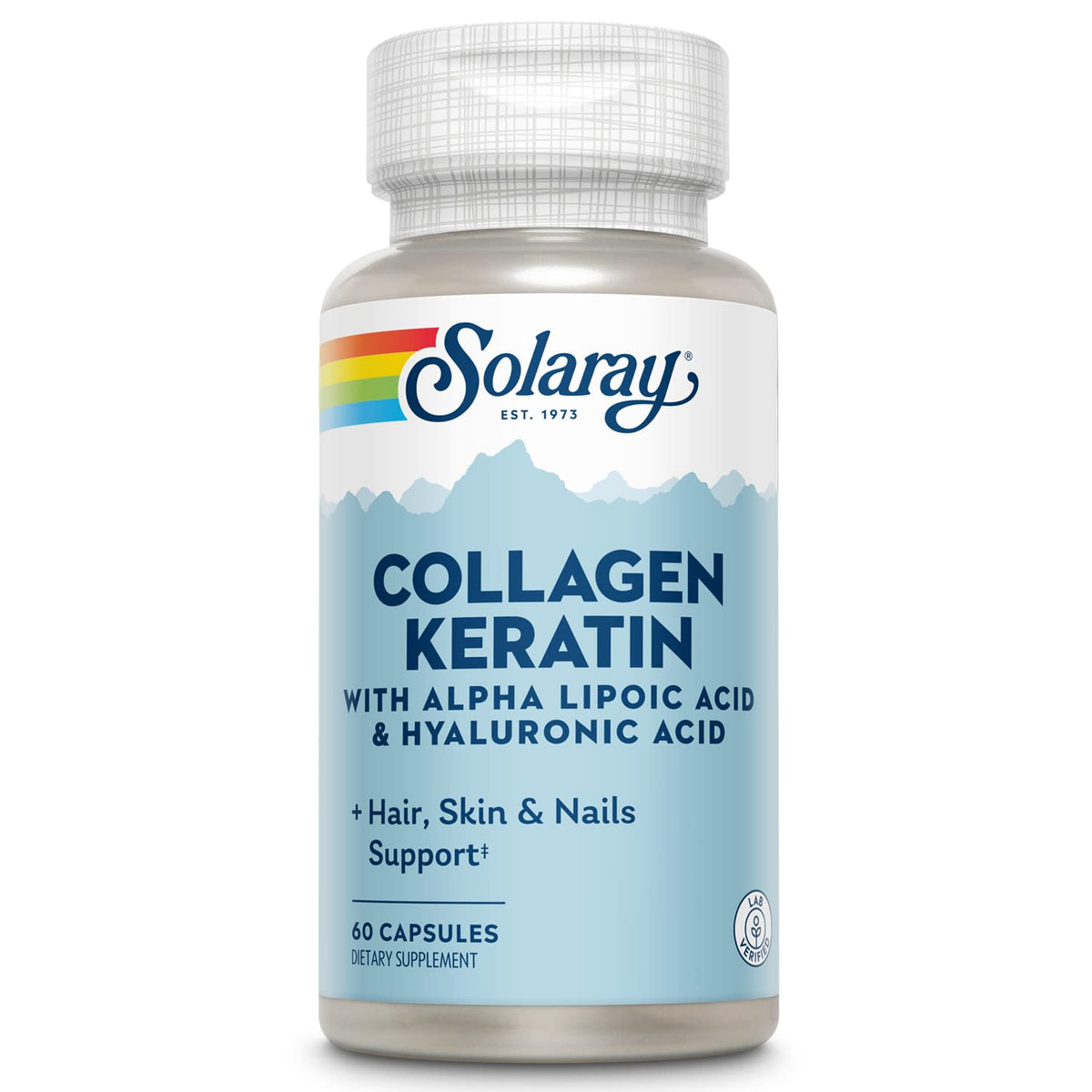 SOLARAY Collagen Keratin capsules en bouteille pour un apport pratique de collagène.