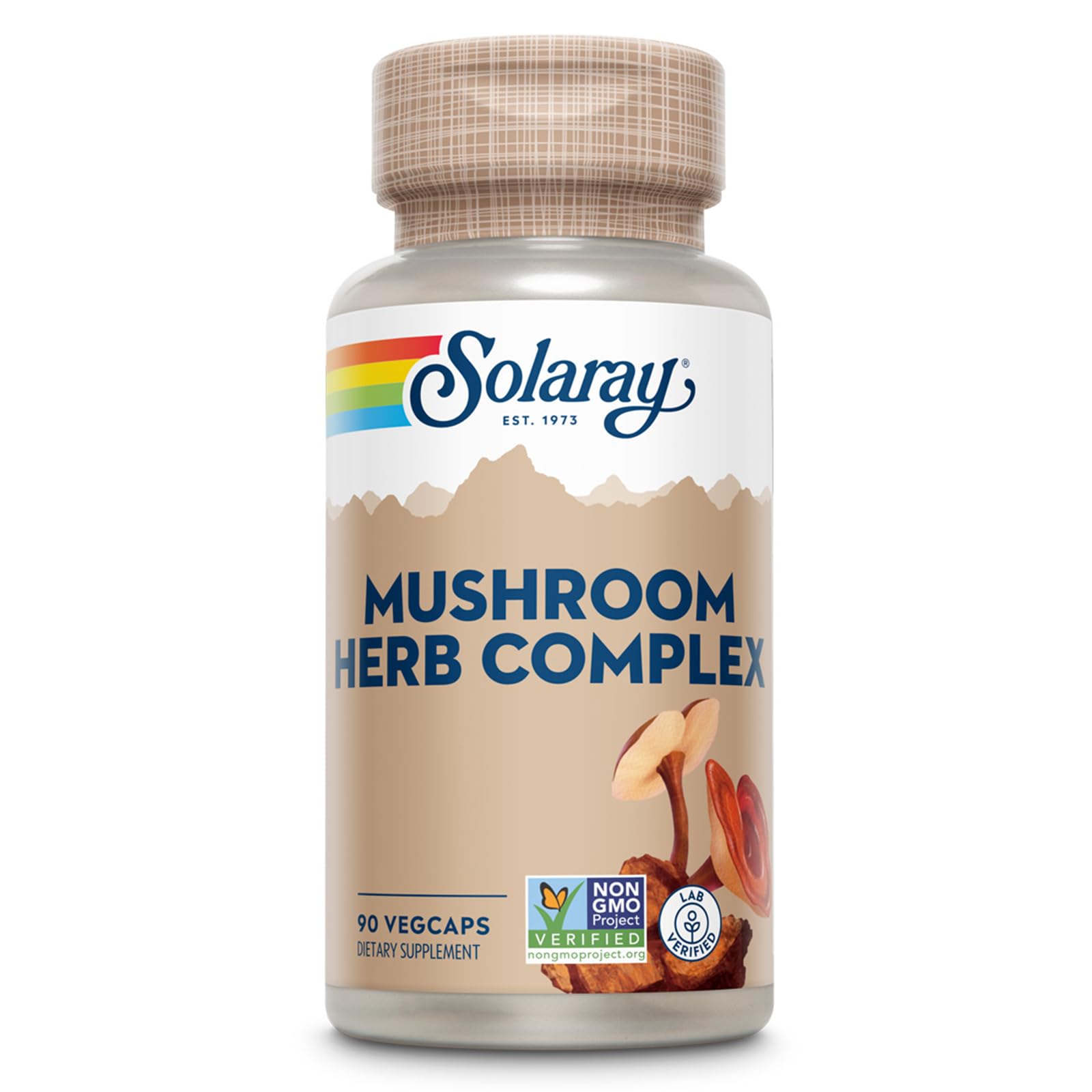 SOLARAY Complexe champignon et herbes, bouteille, soutien potentiel du bien-être quotidien.