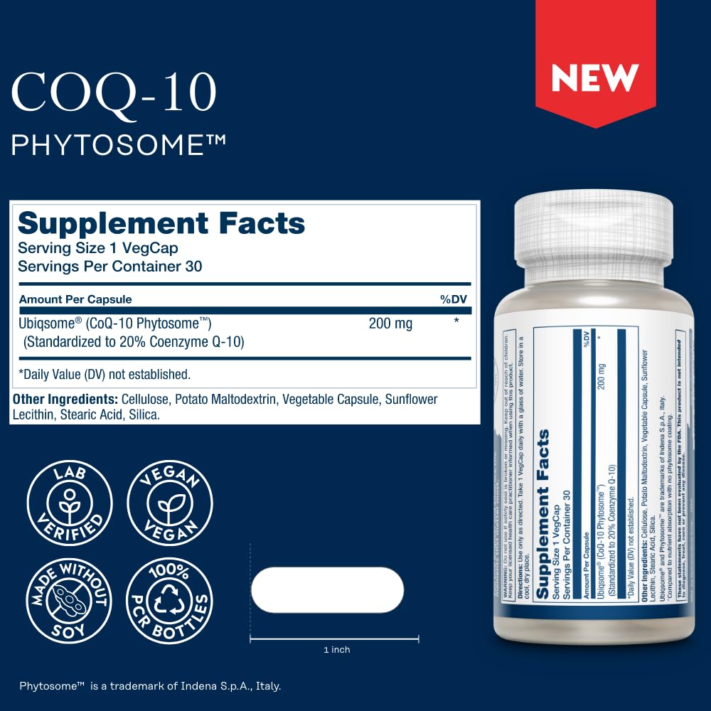 SOLARAY CoQ10 Phytosome – bouteille fermée pour un dosage journalier pratique.