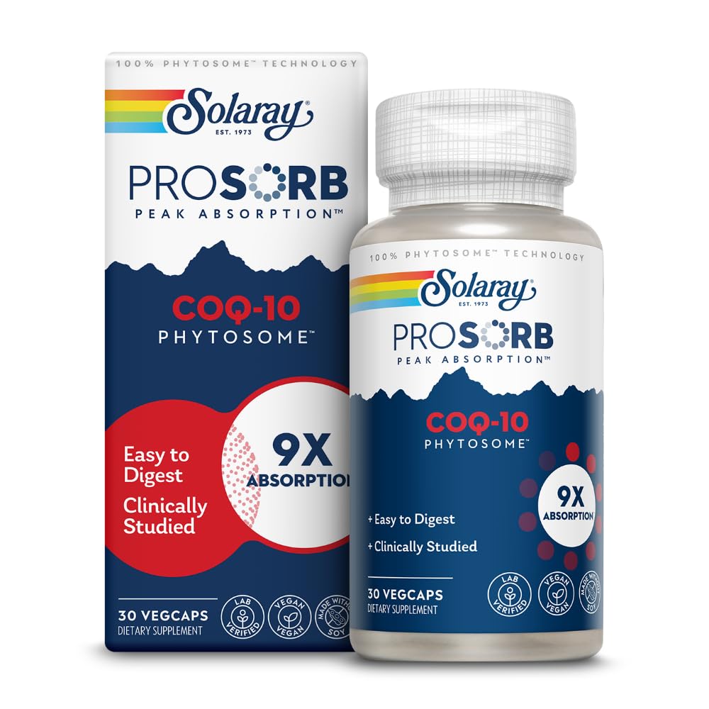 SOLARAY CoQ10 Phytosome – bouteille ouverte montrant les capsules faciles à prendre.