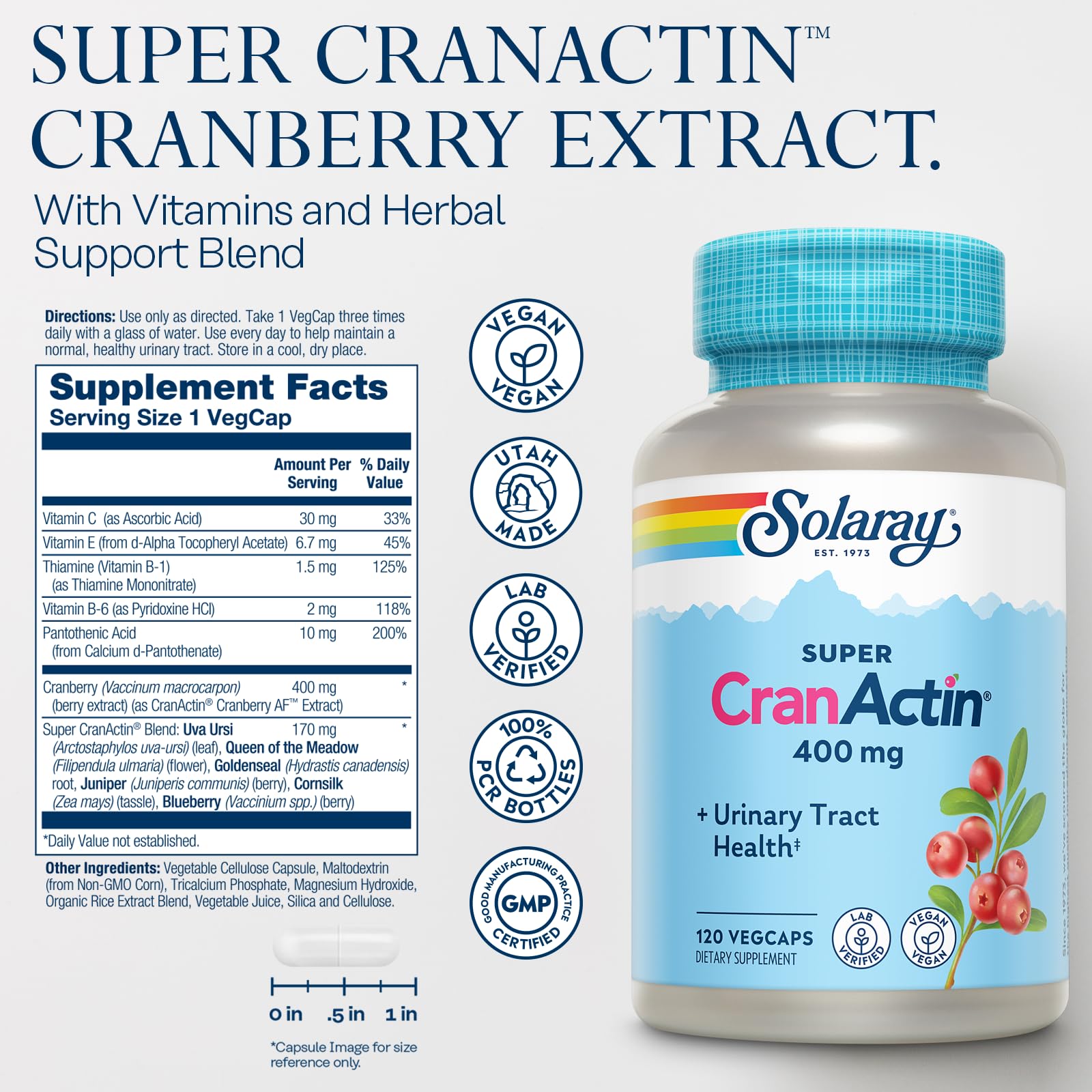 Capsules SOLARAY CranActin riches en extrait de canneberge et vitamines.