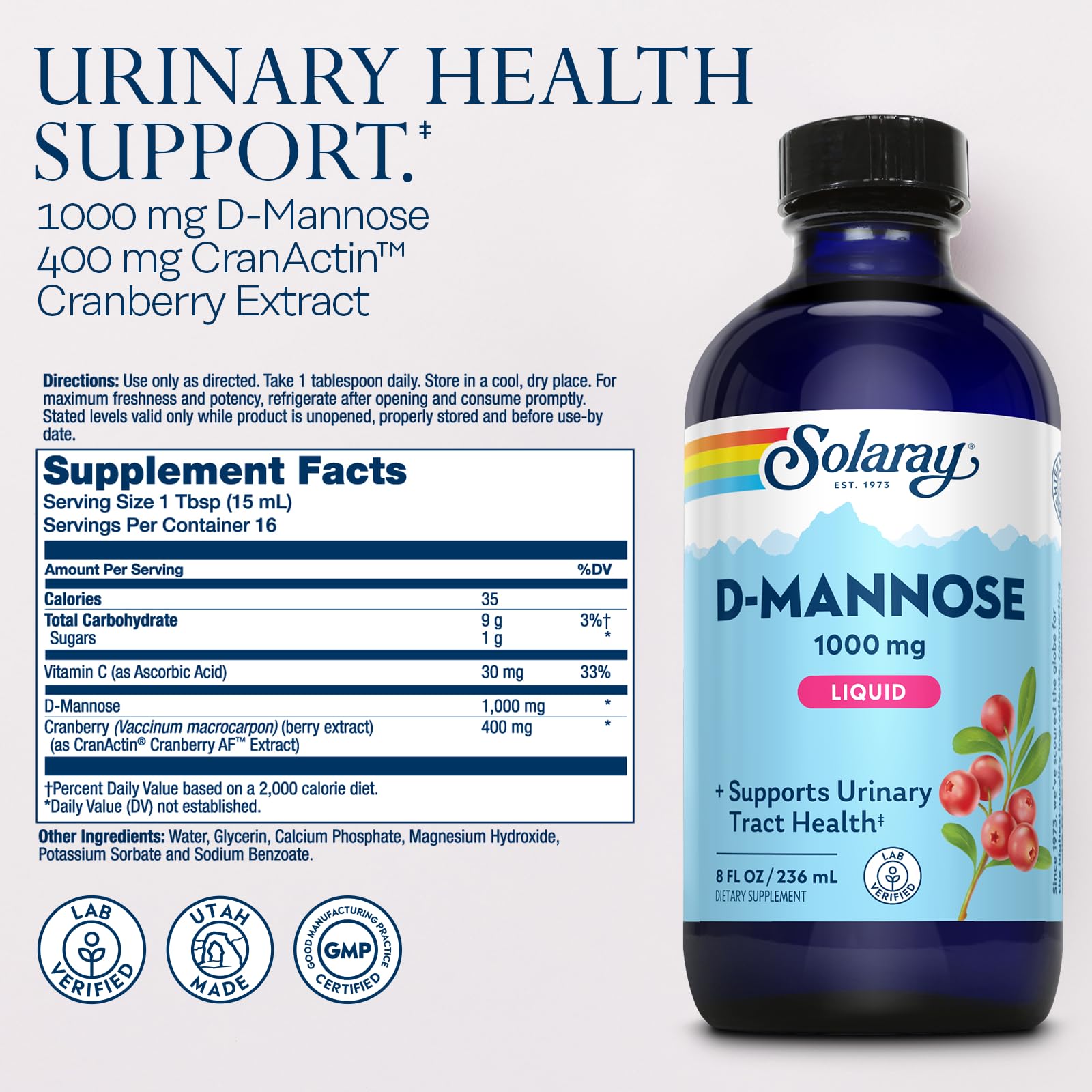 Extrait CranActin Cranberry avec SOLARAY D-Mannose pour le soutien urinaire.