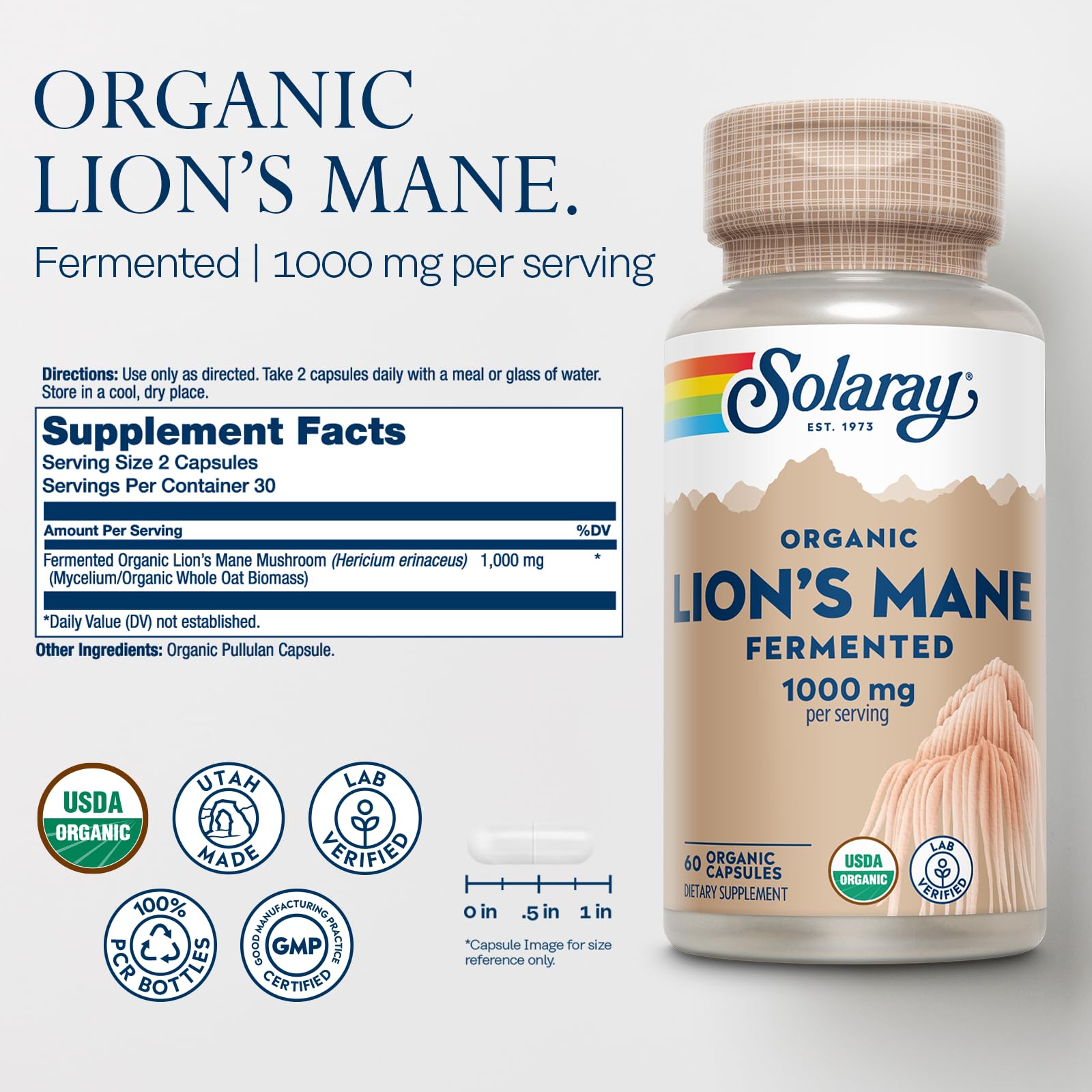 SOLARAY Crinière de Lion – Capsules : dosage pratique pour chaque prise.