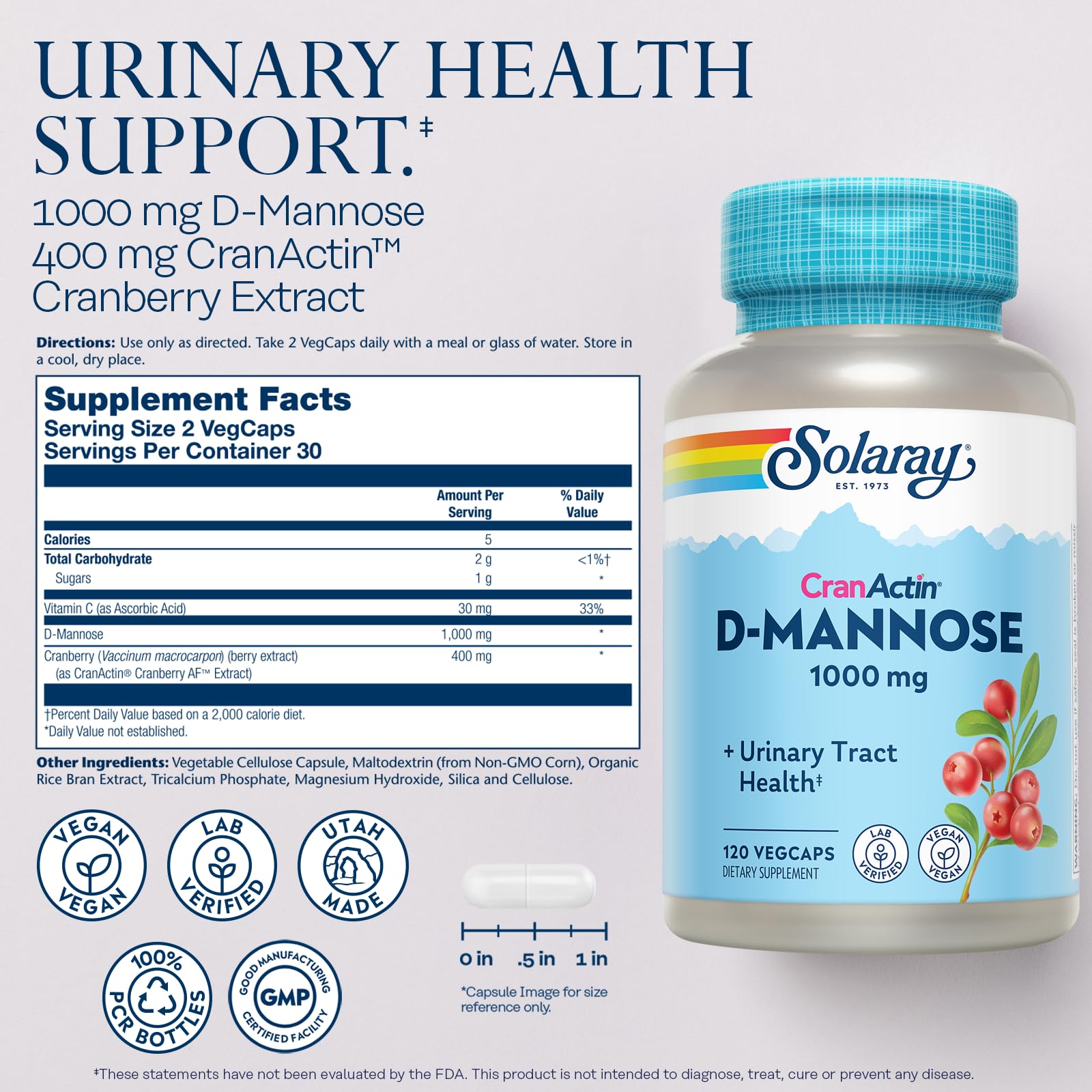 SOLARAY D-Mannose comprimés végans faciles à avaler pour une prise pratique.