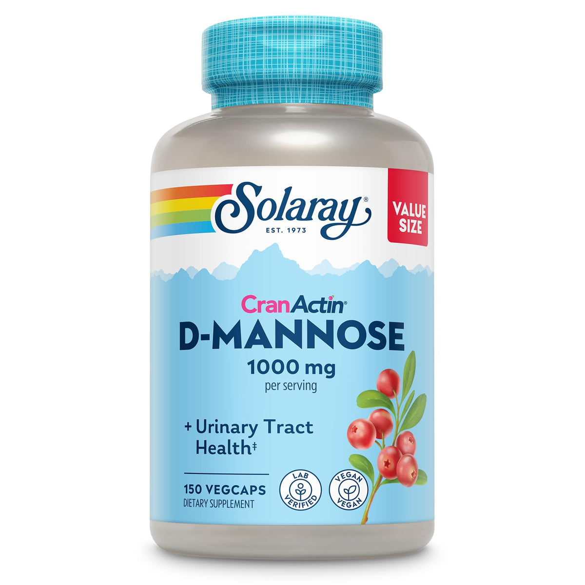 SOLARAY D-Mannose CranActin en bouteille, aperçu du design et de l’étiquette.