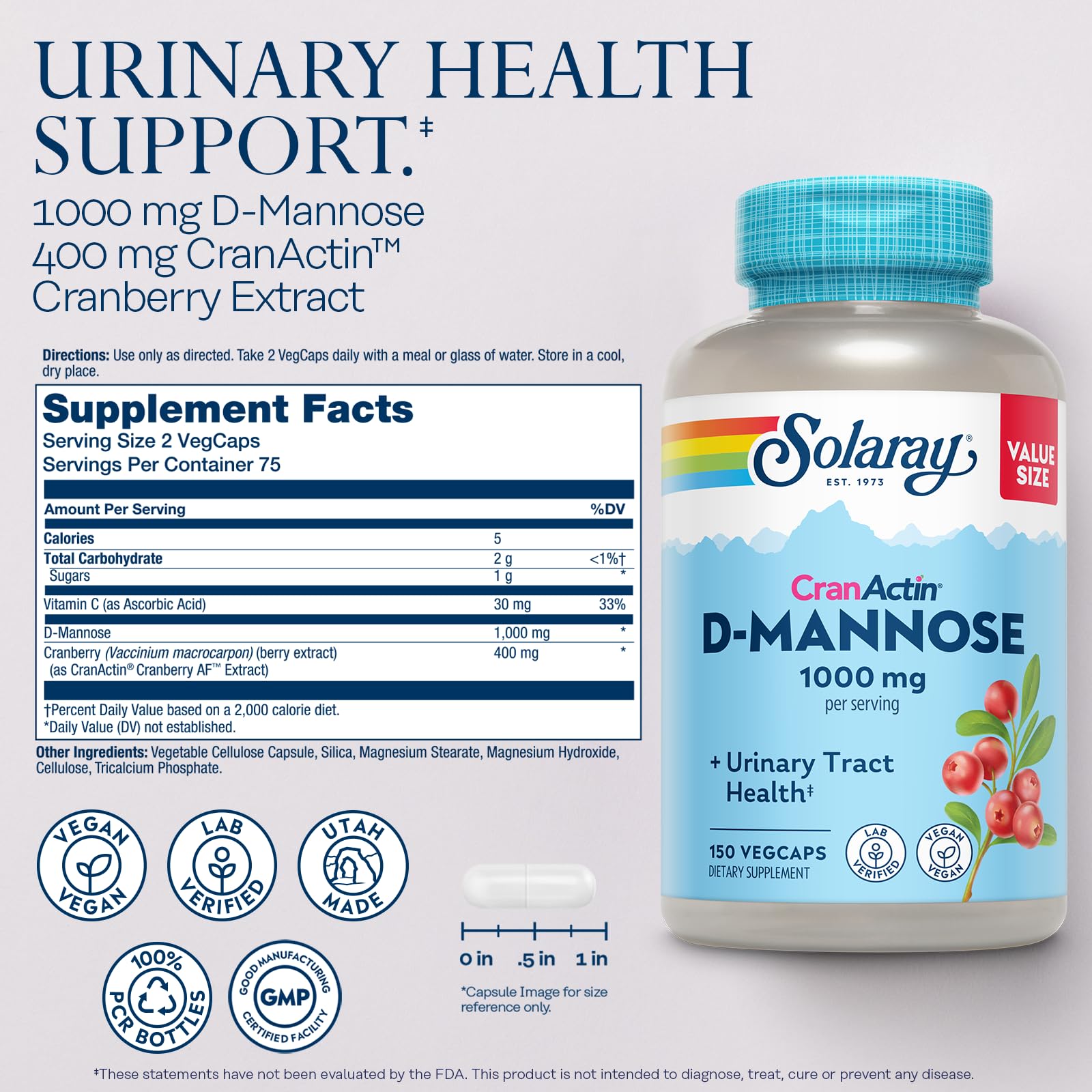 Gélules SOLARAY D-Mannose CranActin, forme pratique pour une utilisation régulière.