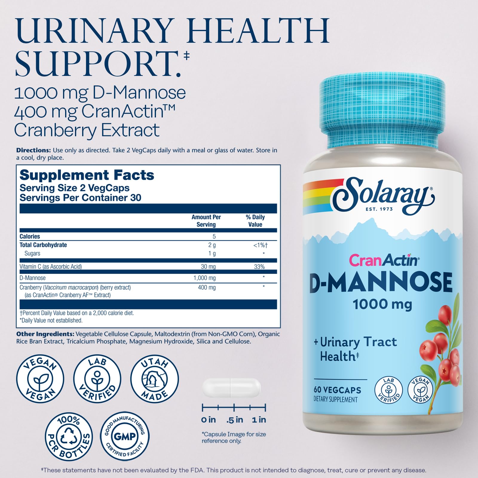 Gélules SOLARAY D-Mannose, pratique et vegan pour usage quotidien