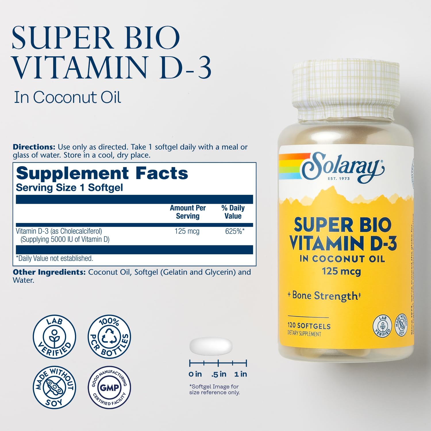 Capsules molles SOLARAY D3 5000 UI, pratique pour l'apport quotidien.