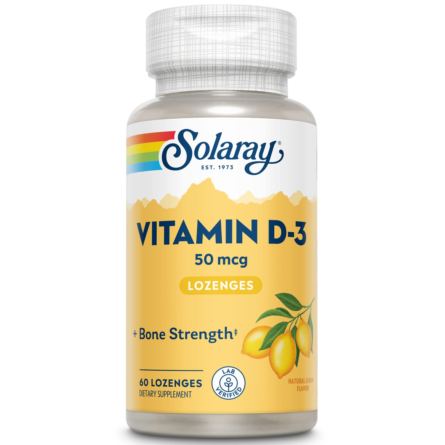 SOLARAY D3 pastilles citron – boîte et flacon – soutien des os et des muscles.