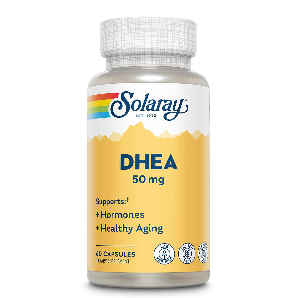 SOLARAY DHEA 50 mg – bouteille, soutien potentiel à l'équilibre hormonal et au bien-être.