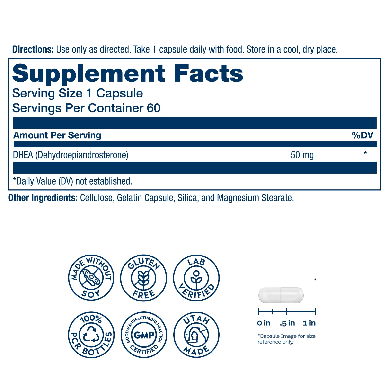 SOLARAY DHEA 50 mg – capsules faciles à avaler pour l'apport quotidien.