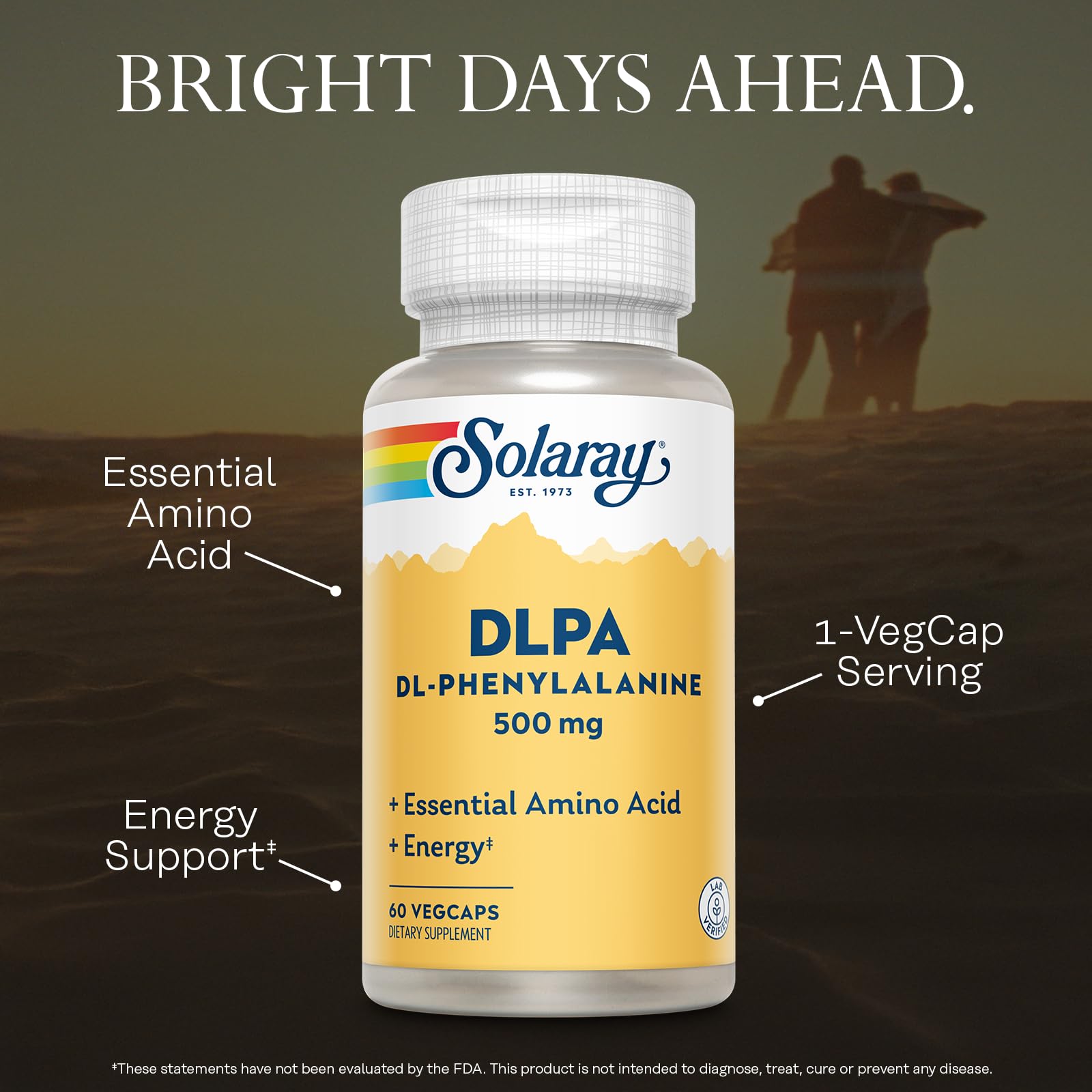 SOLARAY DL-PA, étiquette recto avec dosage clair pour une routine précise.