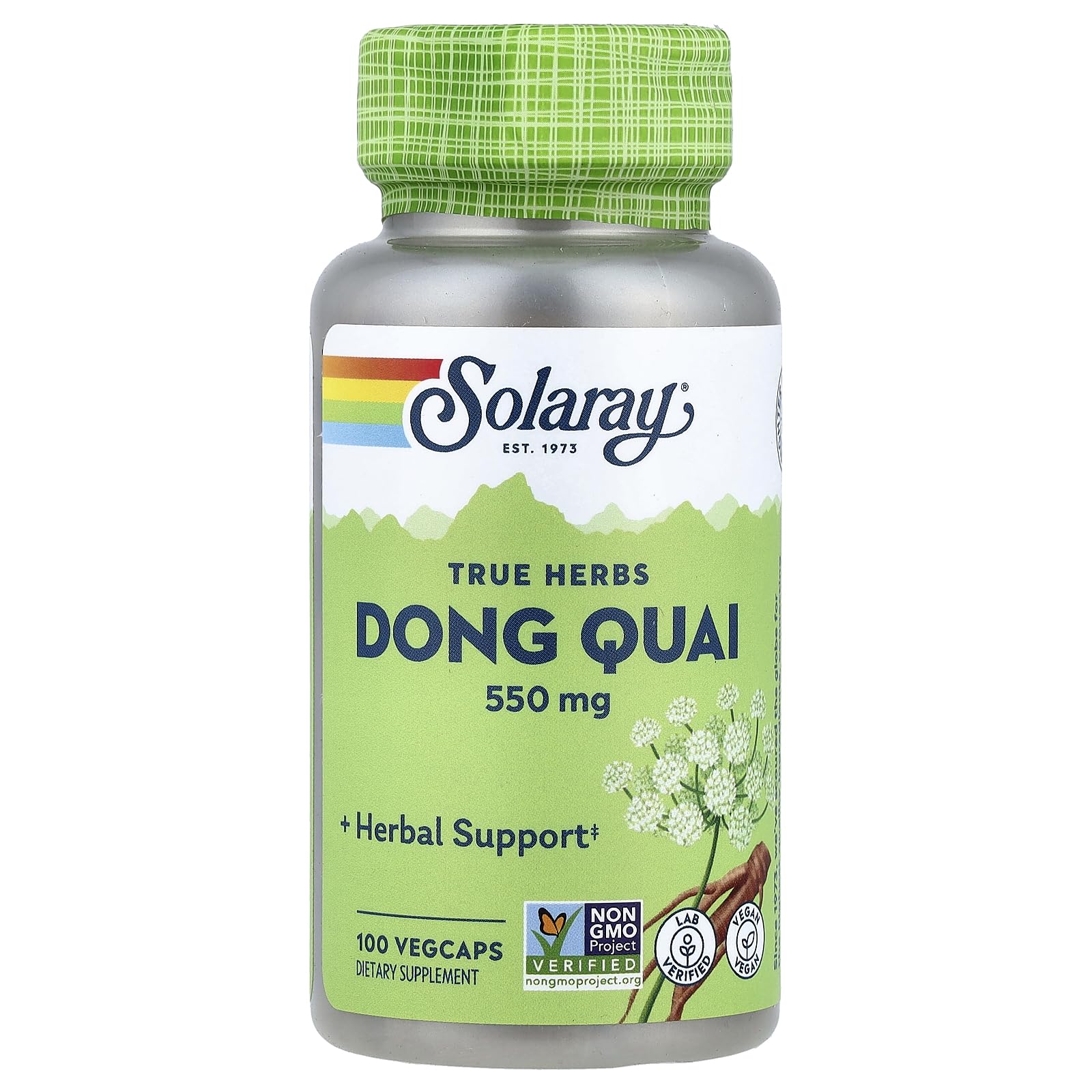 SOLARAY Dong Quai – bouteille montrant la racine entière, soutien potentiel du cycle menstruel