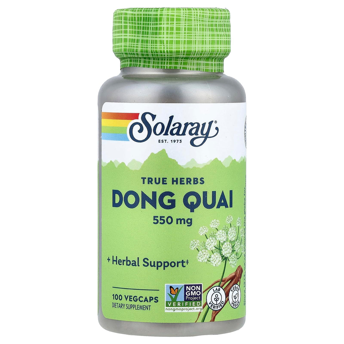SOLARAY Dong Quai – bouteille montrant la racine entière, soutien potentiel du cycle menstruel