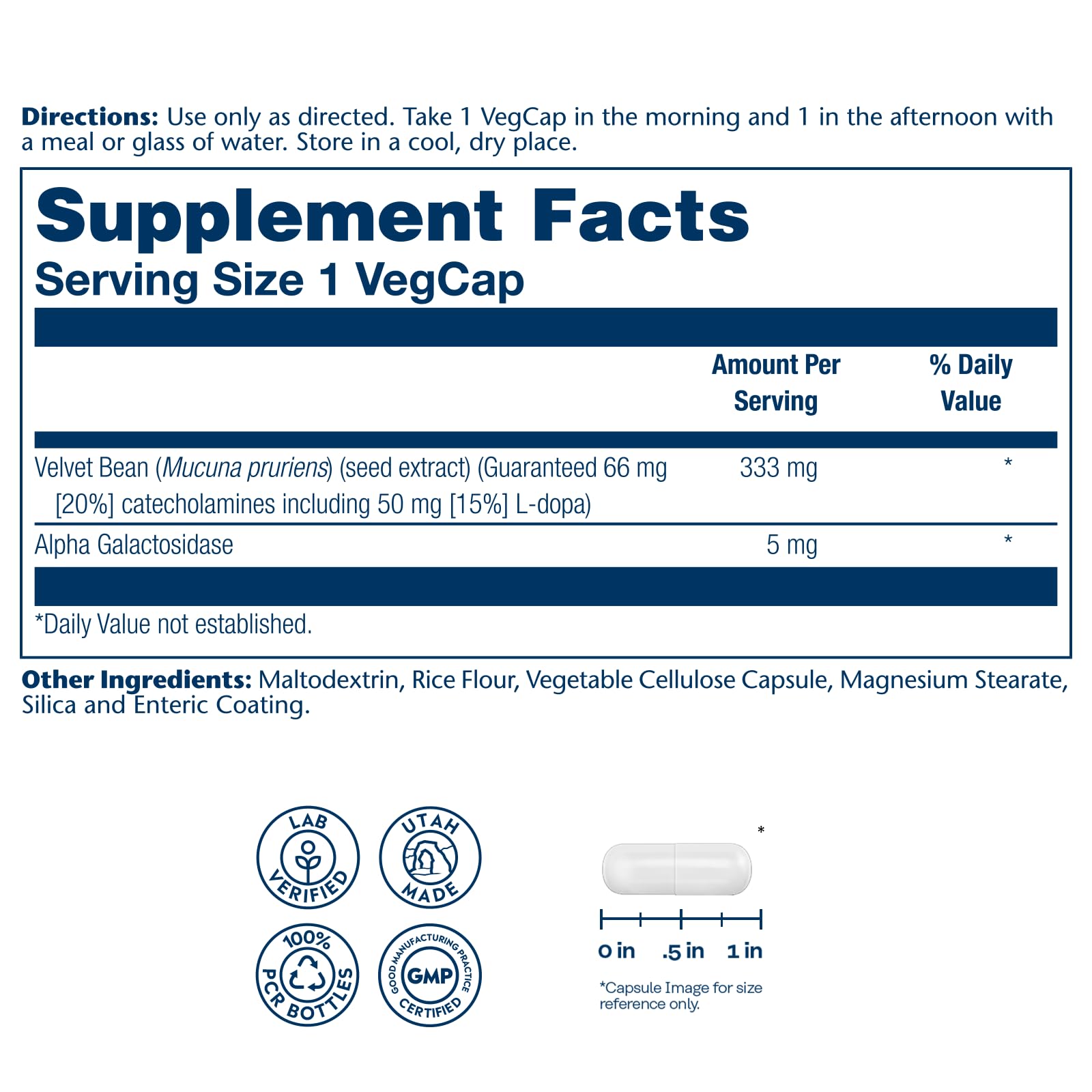 Étiquette présentant les ingrédients clés, dont 333 mg d'extrait de haricot velours, utile pour le bien-être.