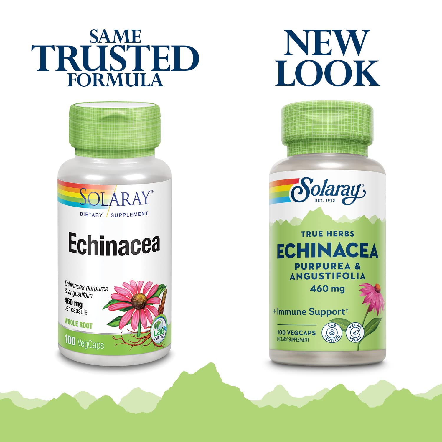 SOLARAY Echinacea, bouteille plastique avec gélules, pratique quotidienne pour soutenir le système immunitaire.
