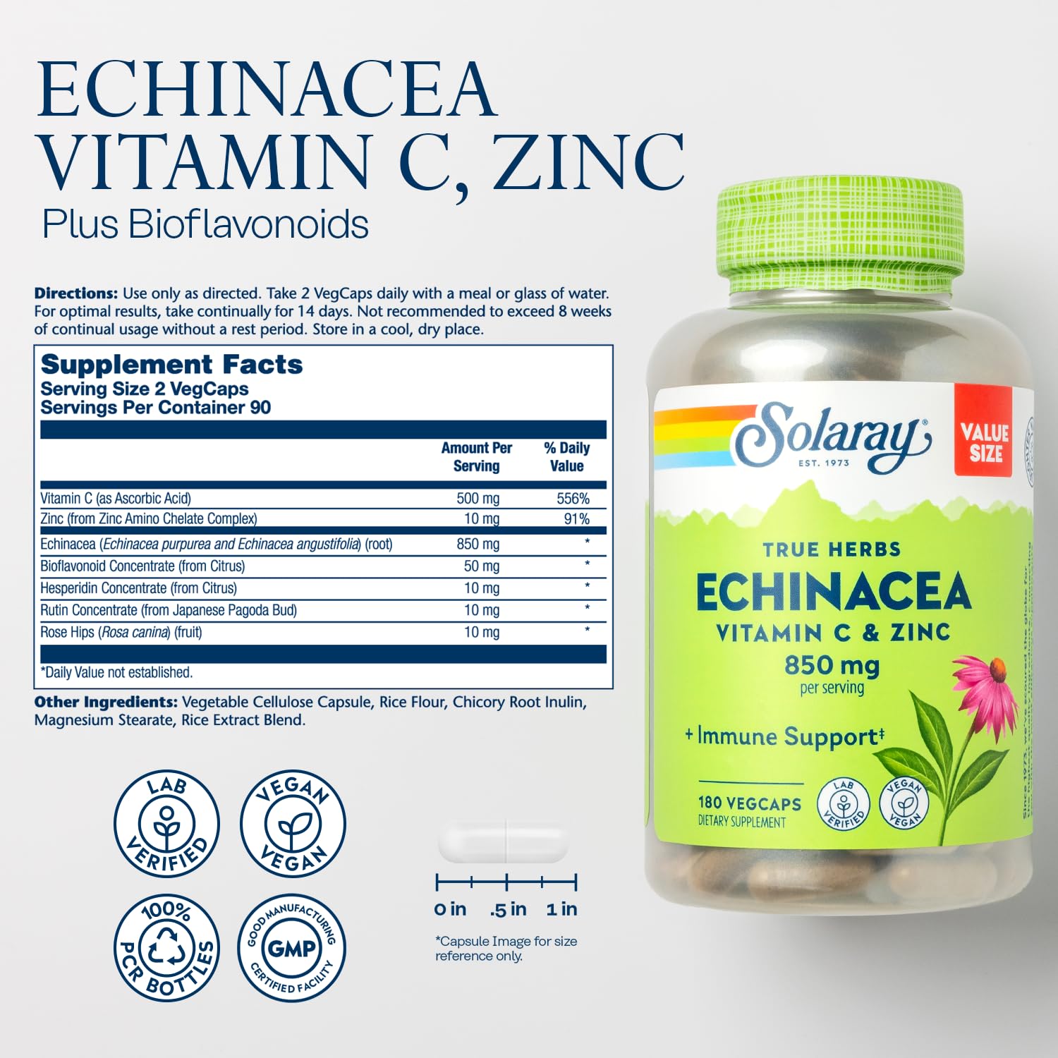 SOLARAY Echinacea en capsules : soutien immunitaire potentiel avec vitamine C et zinc.