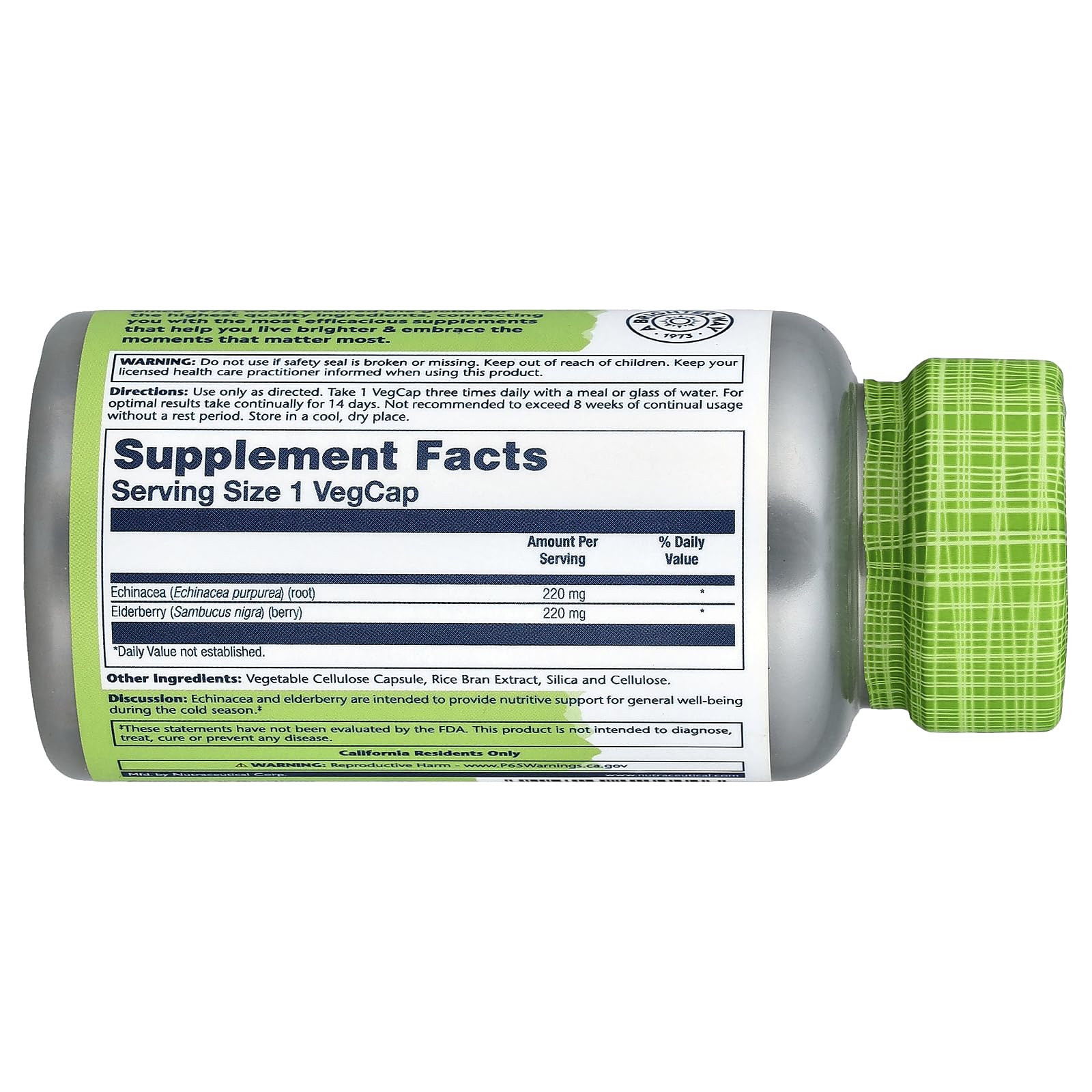 SOLARAY Echinacea et Sureau emballage montrant l'etui et le dosage pratique
