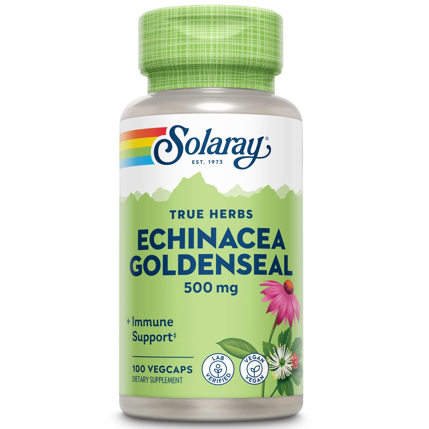 SOLARAY Échinacée et racine dorée dans une bouteille, routine quotidienne potentielle.