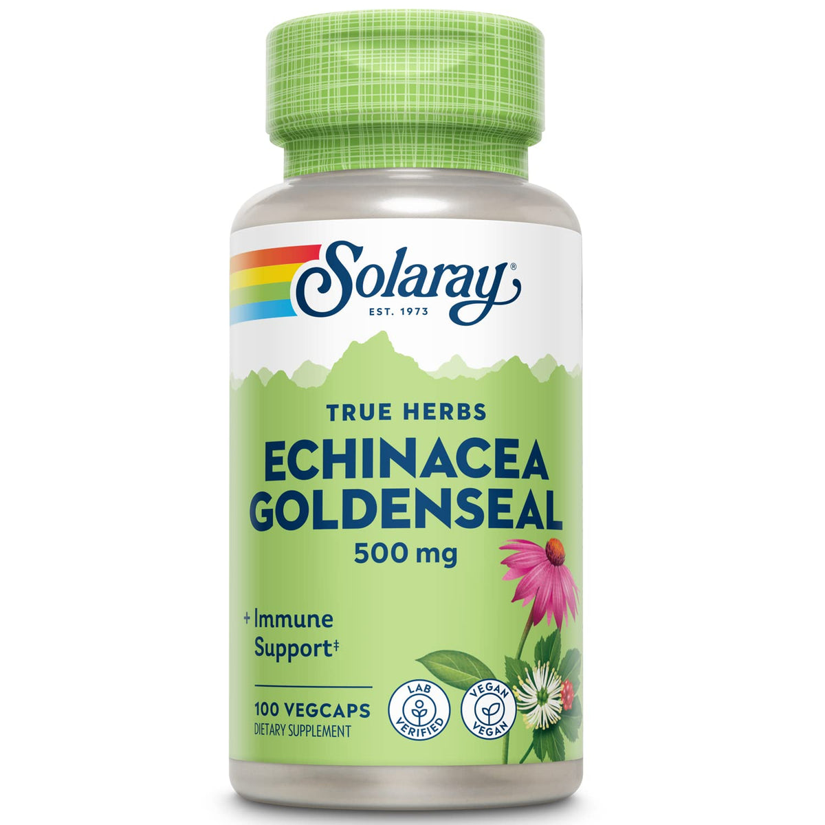 SOLARAY Échinacée et racine dorée dans une bouteille, routine quotidienne potentielle.
