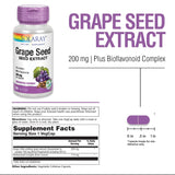 Étiquette SOLARAY Extrait de pépins de raisin 200 mg et bioflavonoïdes pour référence.