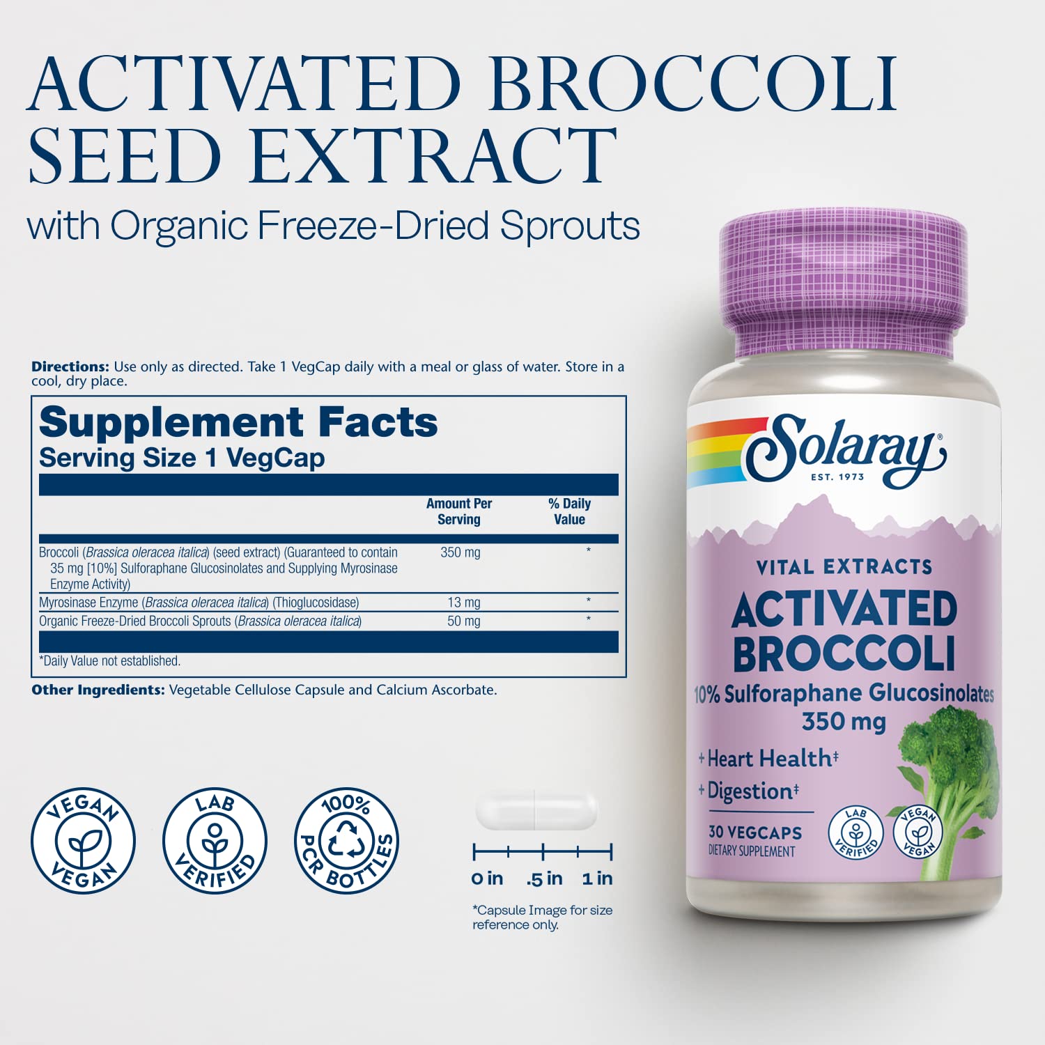 SOLARAY Extrait brocoli SGS 10% sur l’étiquette, dosage standardisé.
