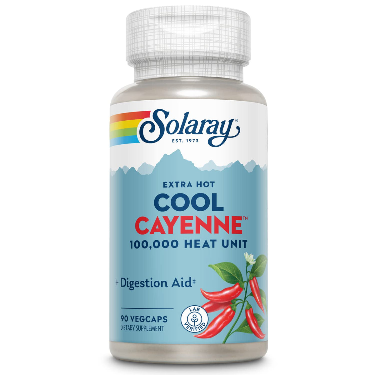 SOLARAY Extra Hot Cool Cayenne en bouteille avec étiquette, présentation attrayante pour une routine digestive potentielle.