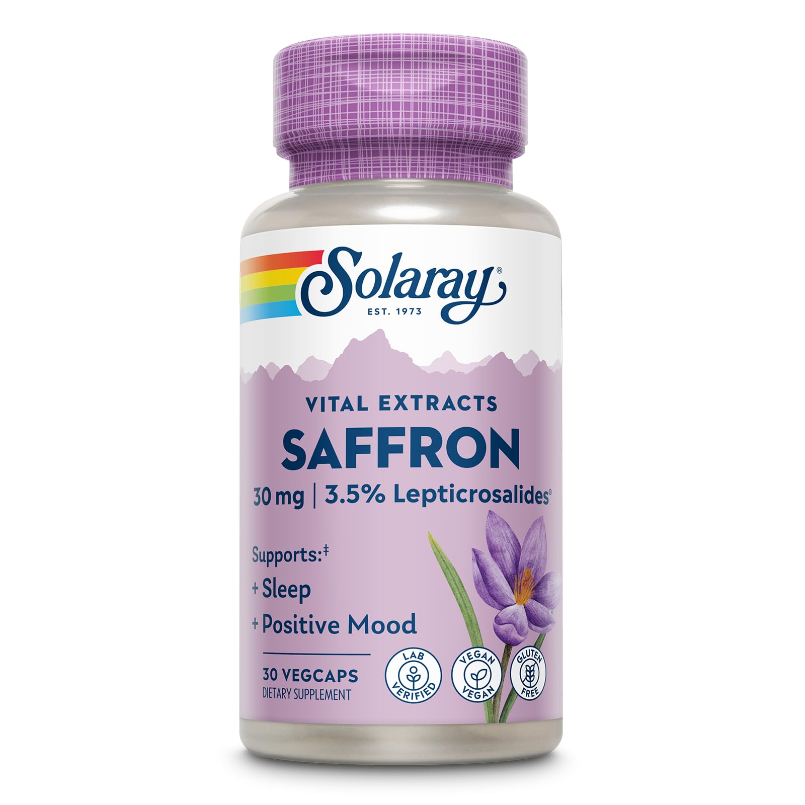 SOLARAY Extrait de safran – Bouteille et étiquette, soutien potentiel de l'humeur.