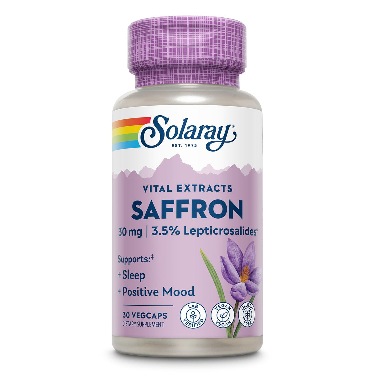 SOLARAY Extrait de safran – Bouteille et étiquette, soutien potentiel de l'humeur.