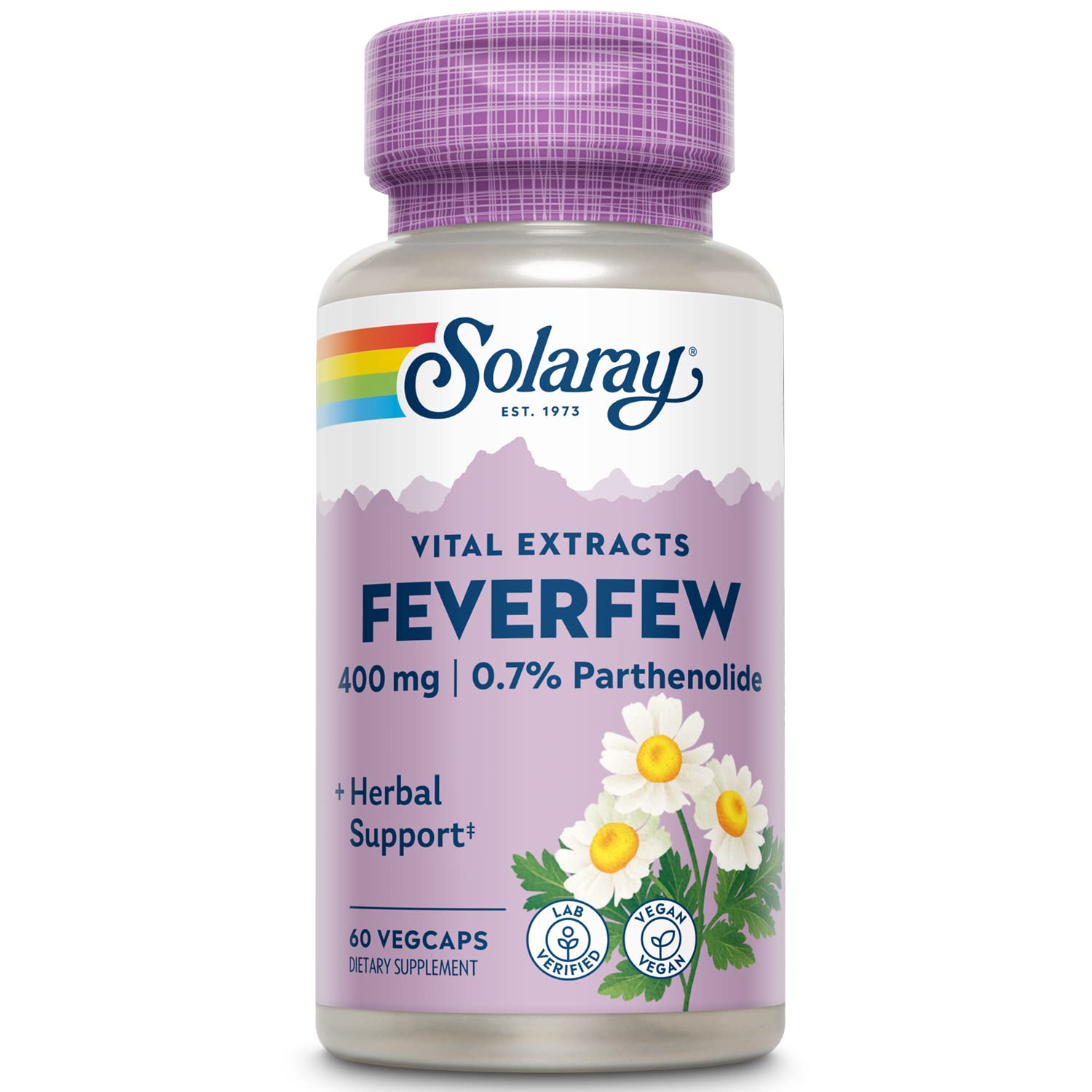 SOLARAY Feverfew extrait 400 mg, bouteille et etiquette claire pour une prise pratique