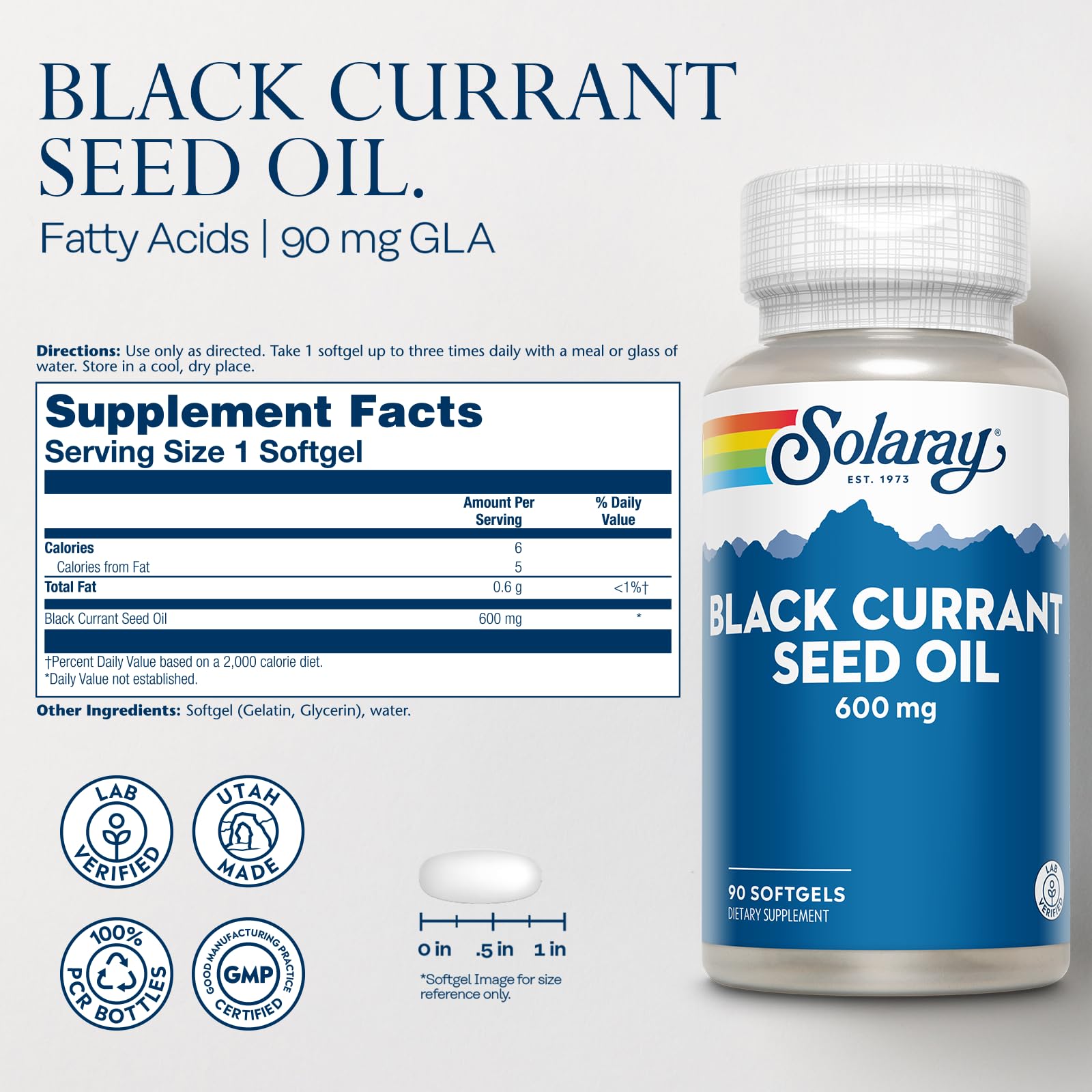 Gélules SOLARAY cassis noir, apport en acides gras utiles pour la peau.