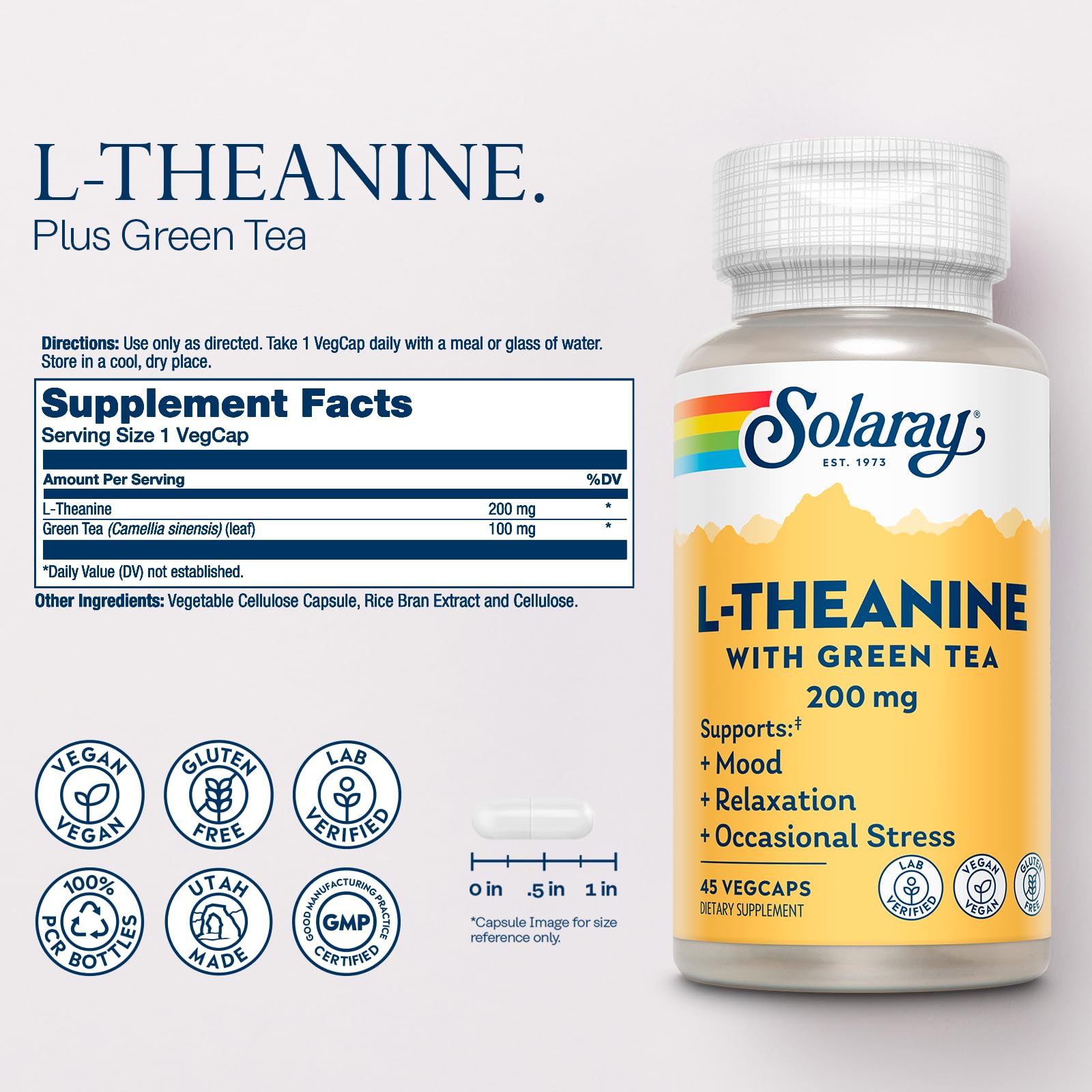 SOLARAY Gélules L-Theanine 200 mg – capsules faciles à avaler et relaxantes.