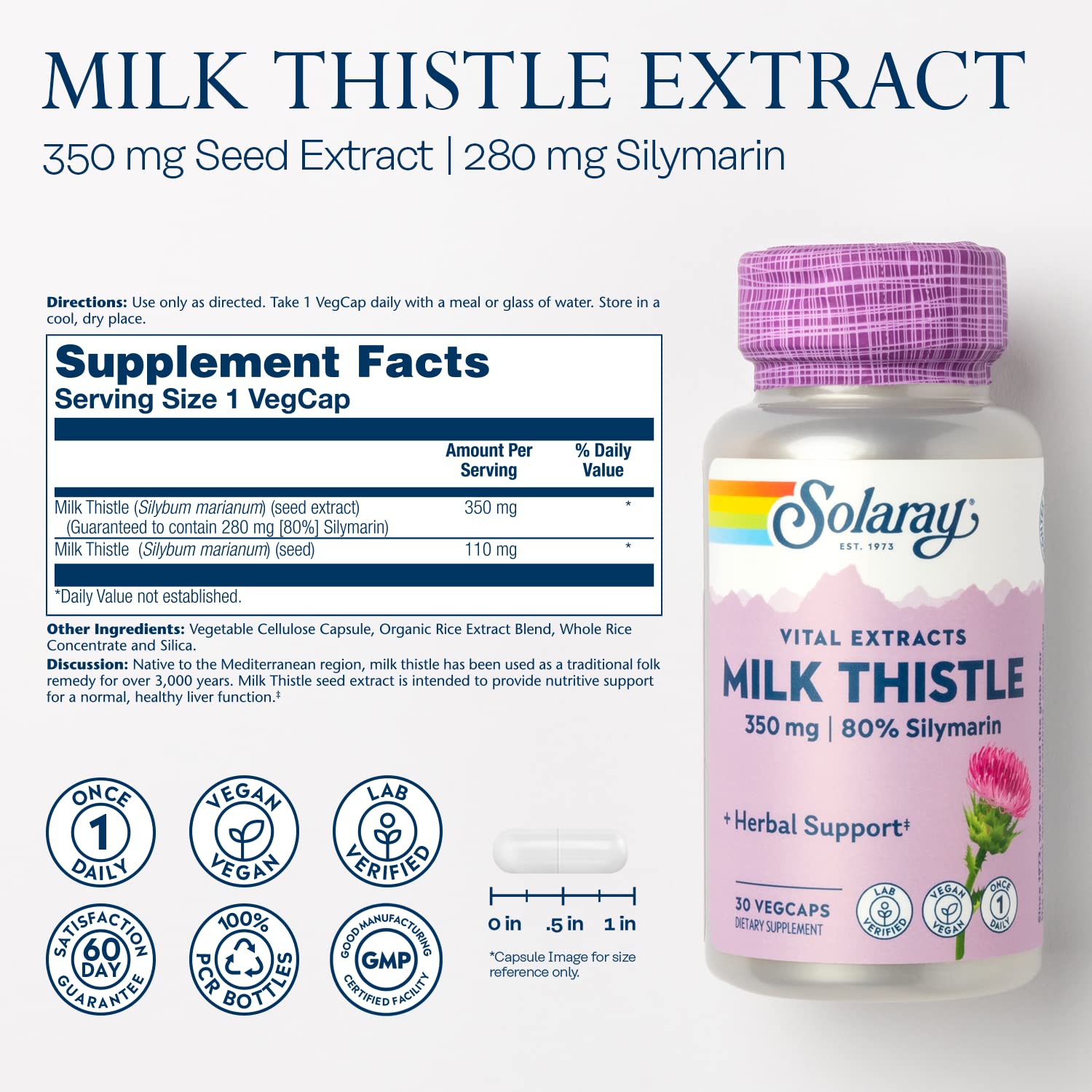 SOLARAY gélules vegan chardon-marie, extrait 350 mg, format pratique