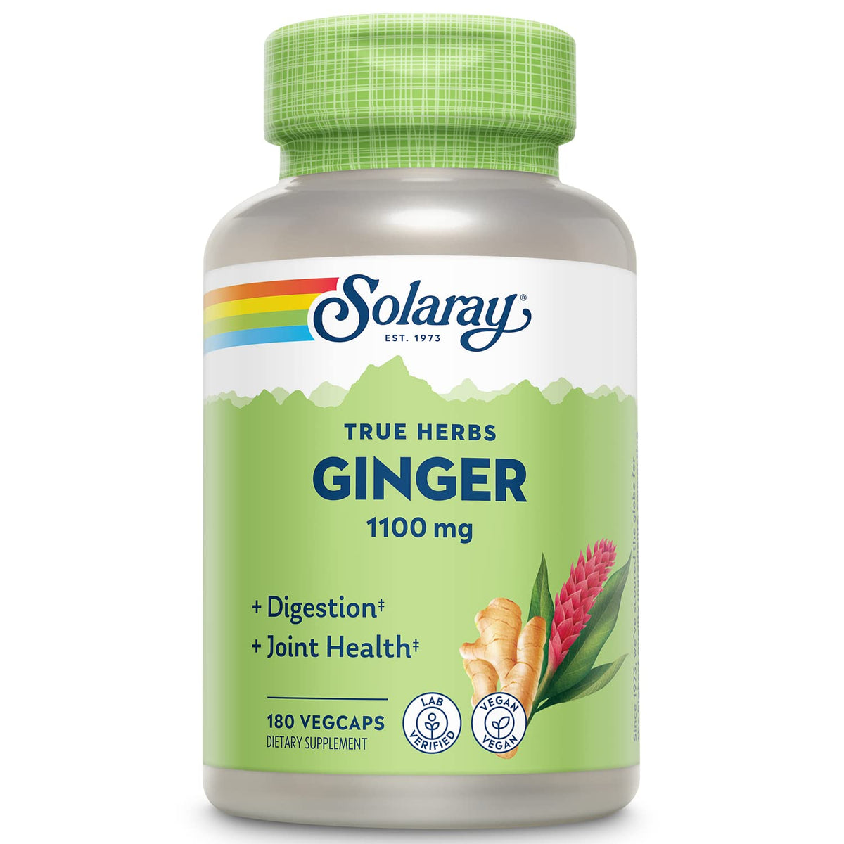 SOLARAY Gingembre en capsules dans l'emballage, utilisation quotidienne pratique.