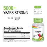 Gingembre racine entière visible dans les capsules SOLARAY pour le soutien digestif.