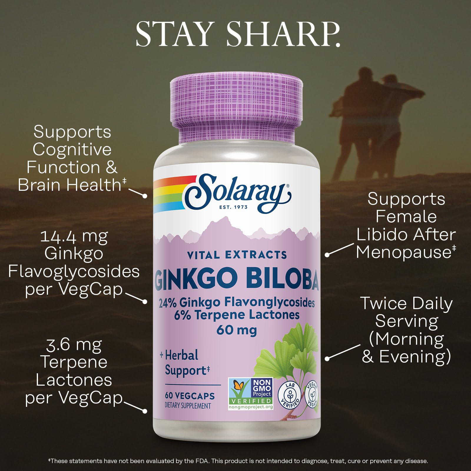 Étiquette SOLARAY Ginkgo Biloba, informations claires sur posologie et bénéfices potentiels.