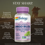 Étiquette SOLARAY Ginkgo Biloba, informations claires sur posologie et bénéfices potentiels.