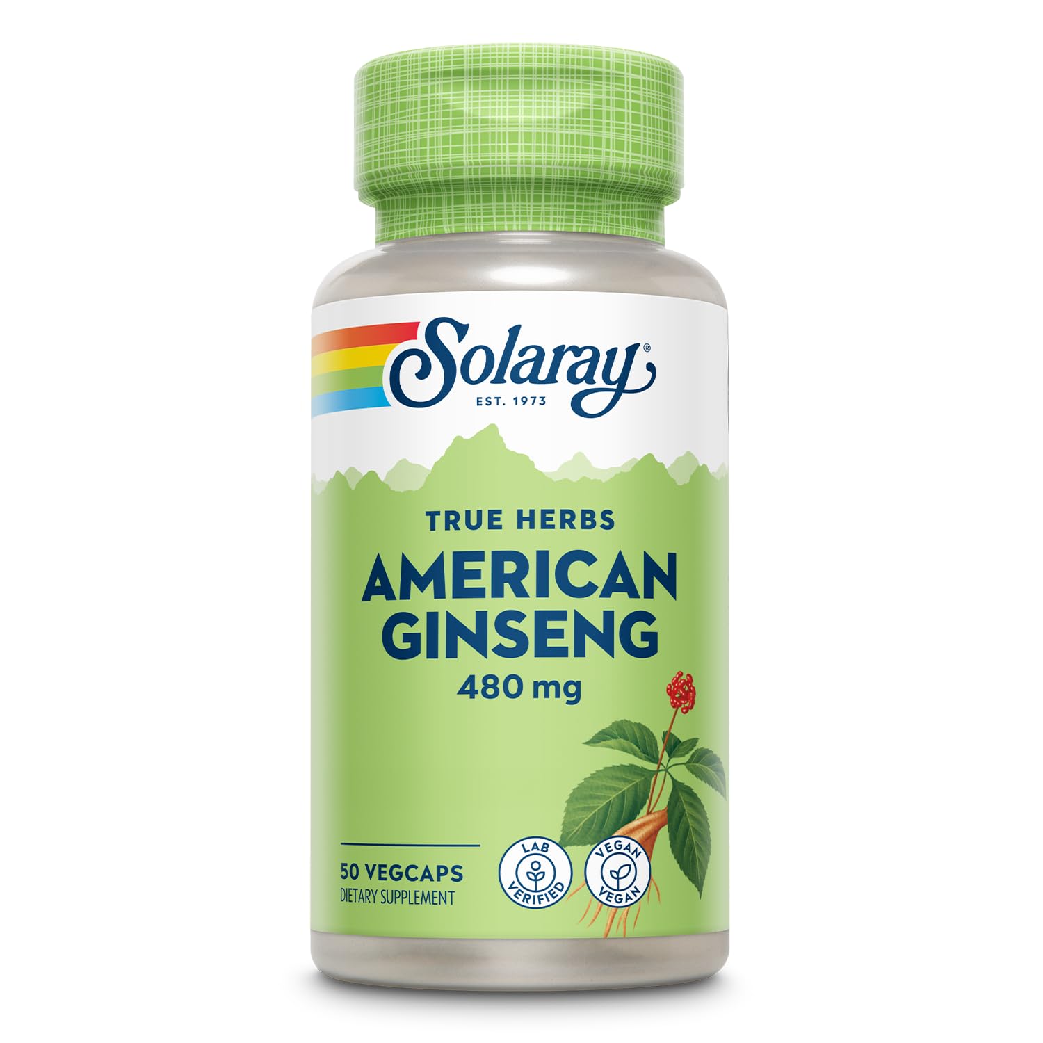 SOLARAY ginseng américain, bouteille 480 mg, soutien potentiel au stress et à l'énergie.