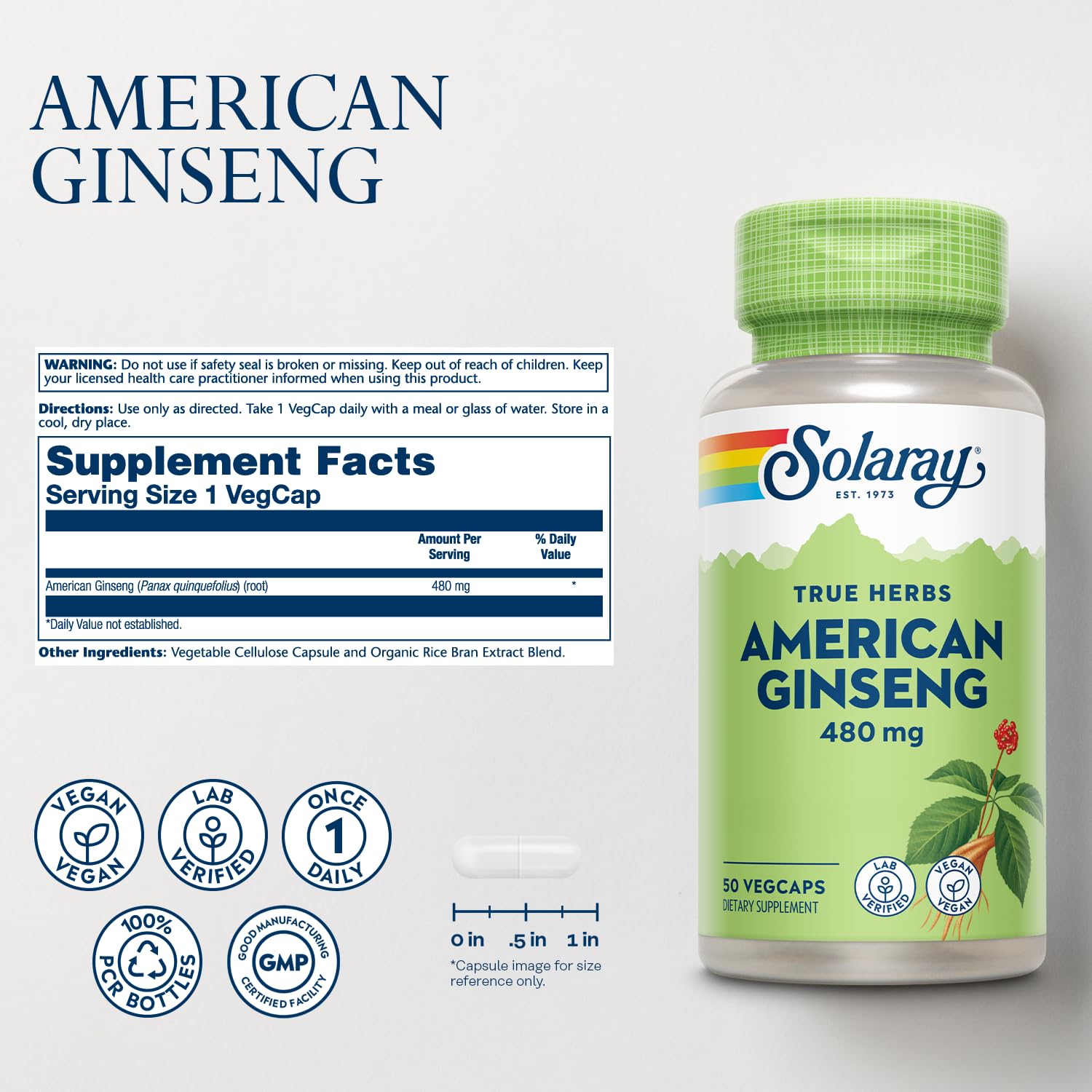 SOLARAY ginseng américain, gelules végétales, pour soutenir l'énergie durable.